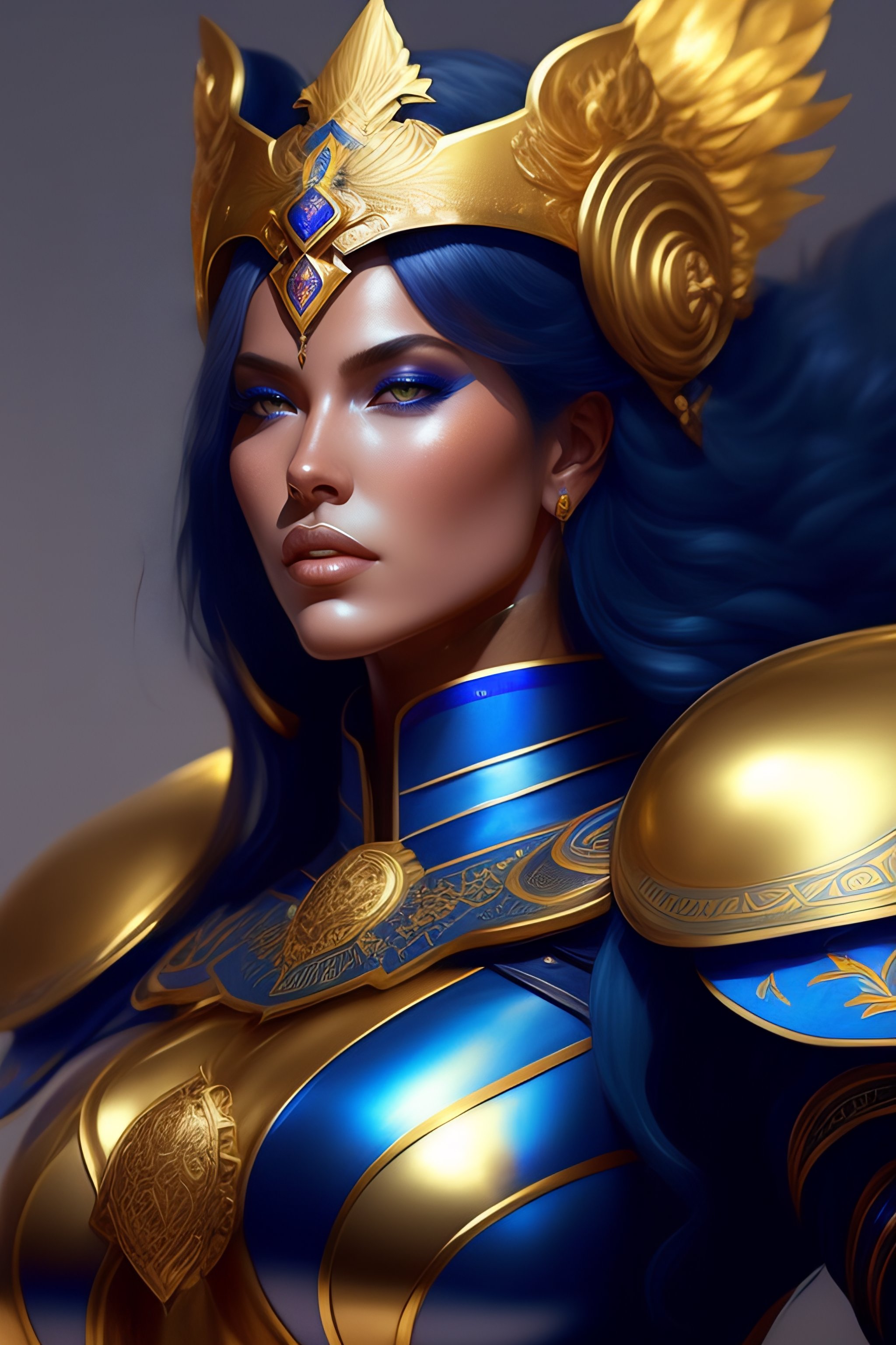 Lexica Superheavy warrior queen in blue and gold massive armor of