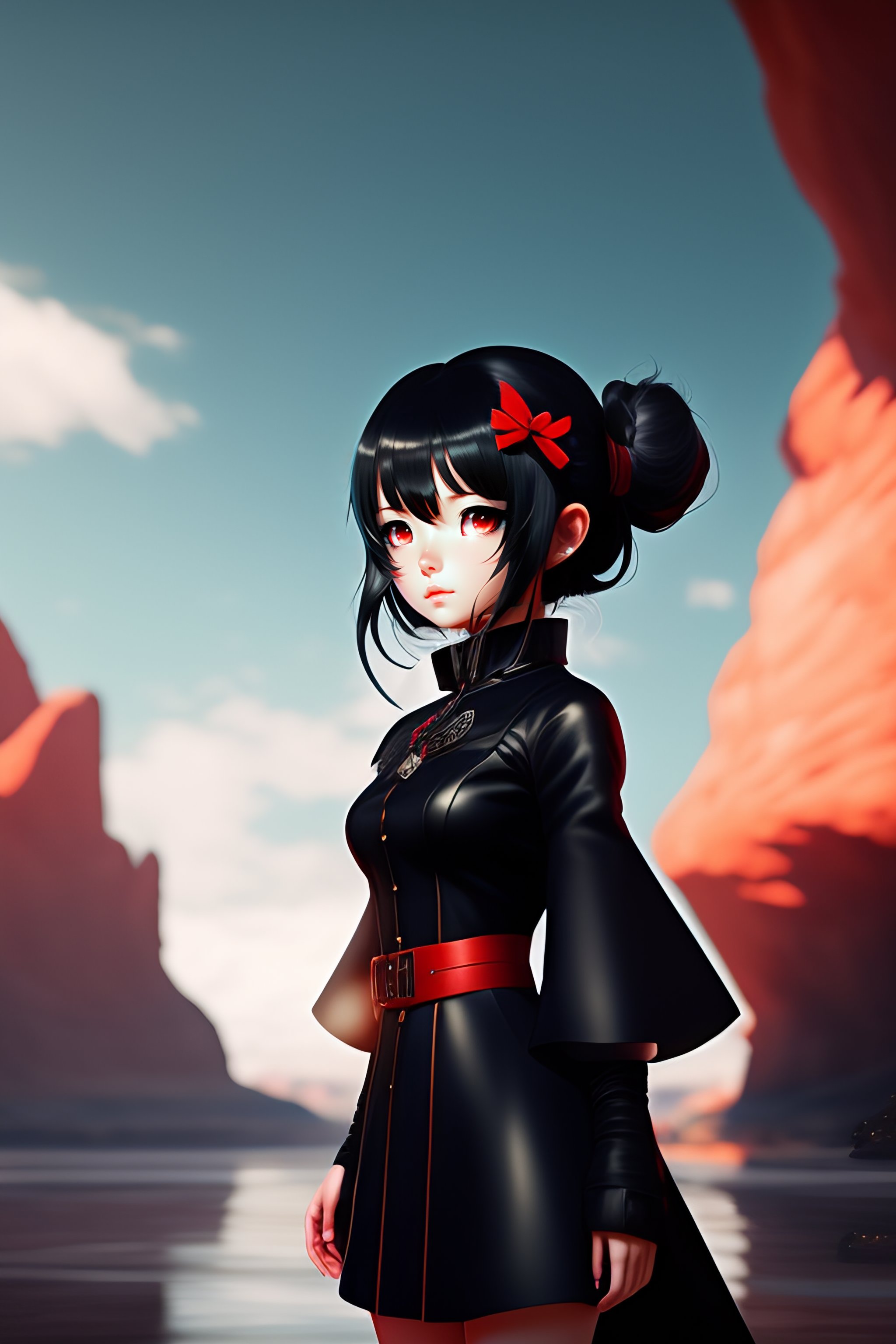 Lexica - Cute anime girl with red eyes black hair wearing black-red outfit  costume, black hair, black leather choker, in the beautiful landscape,  pho...