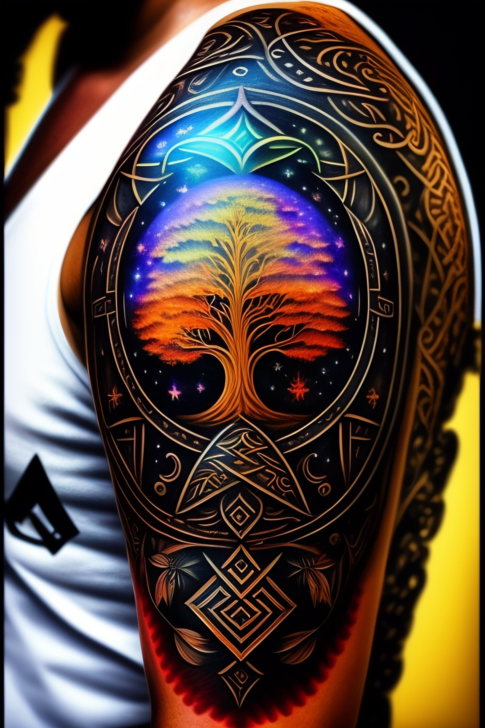 Lexica - Cool tattoo, maximum detail, magic, protection, warrior, knight,  cosmic energy, tree of life, reincarnation, conscious dreams, Scandinavian  ...