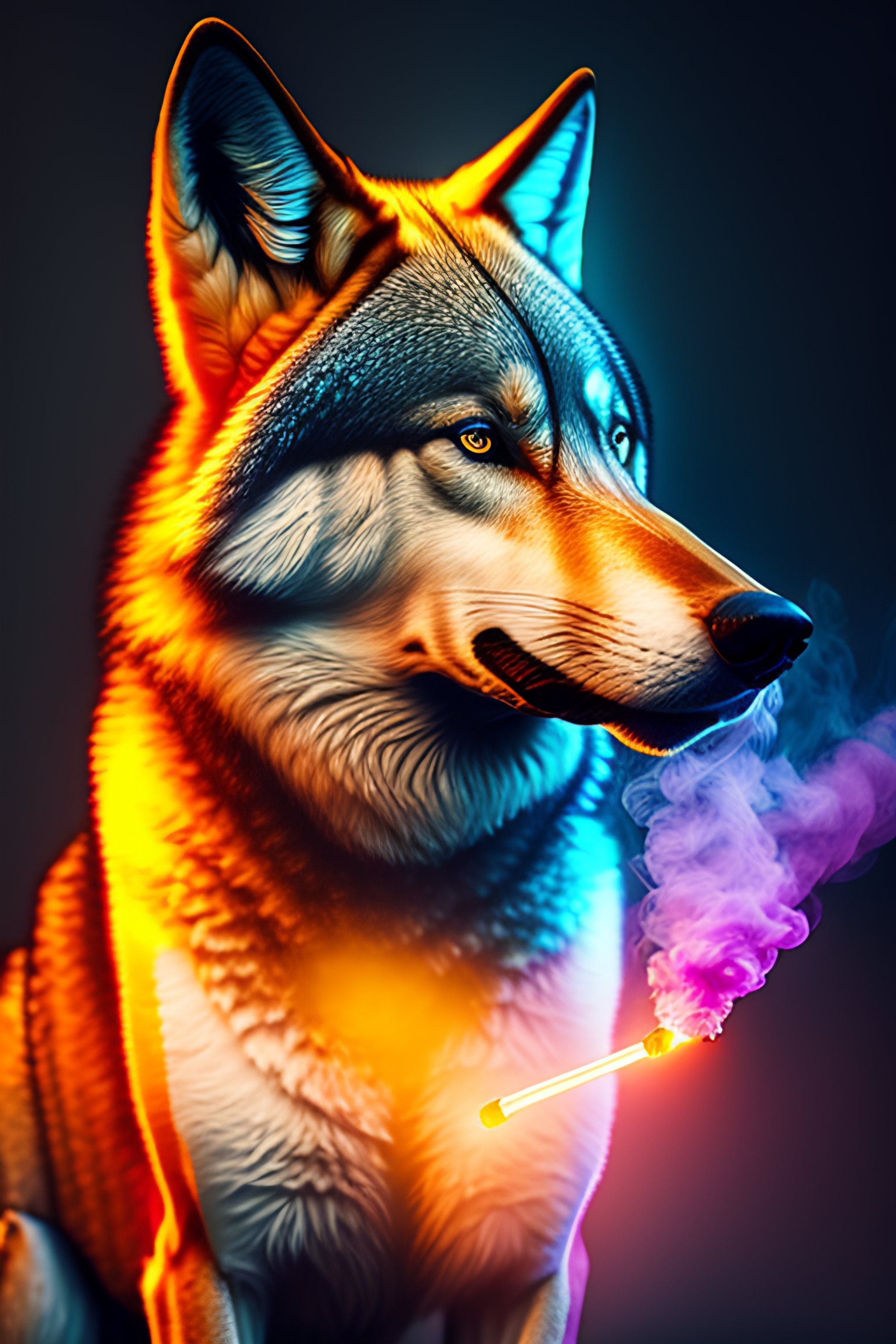 Lexica - A robotic wolf smoking a cigarette with vibrant lighting ...