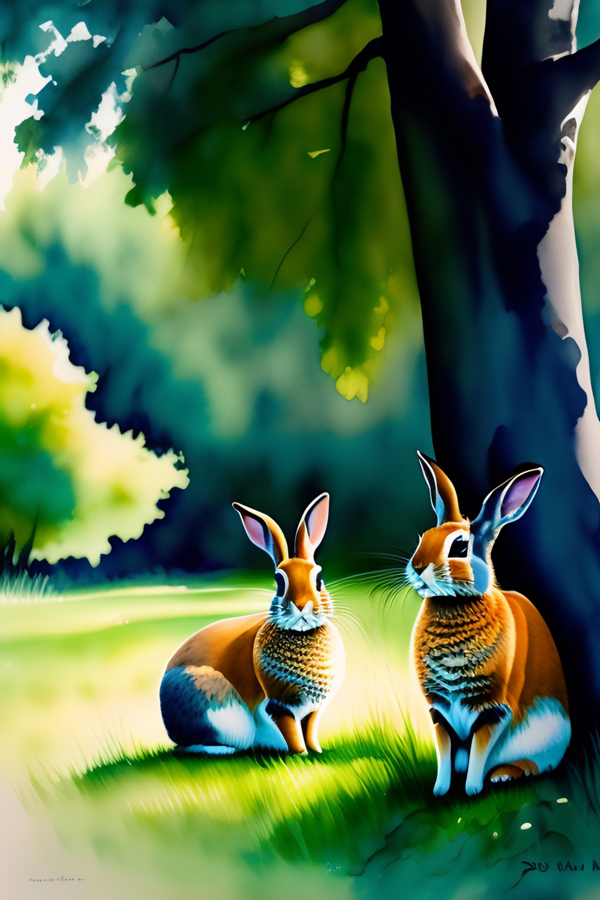 Lexica - Aquarel of 2 rabbits under a tree