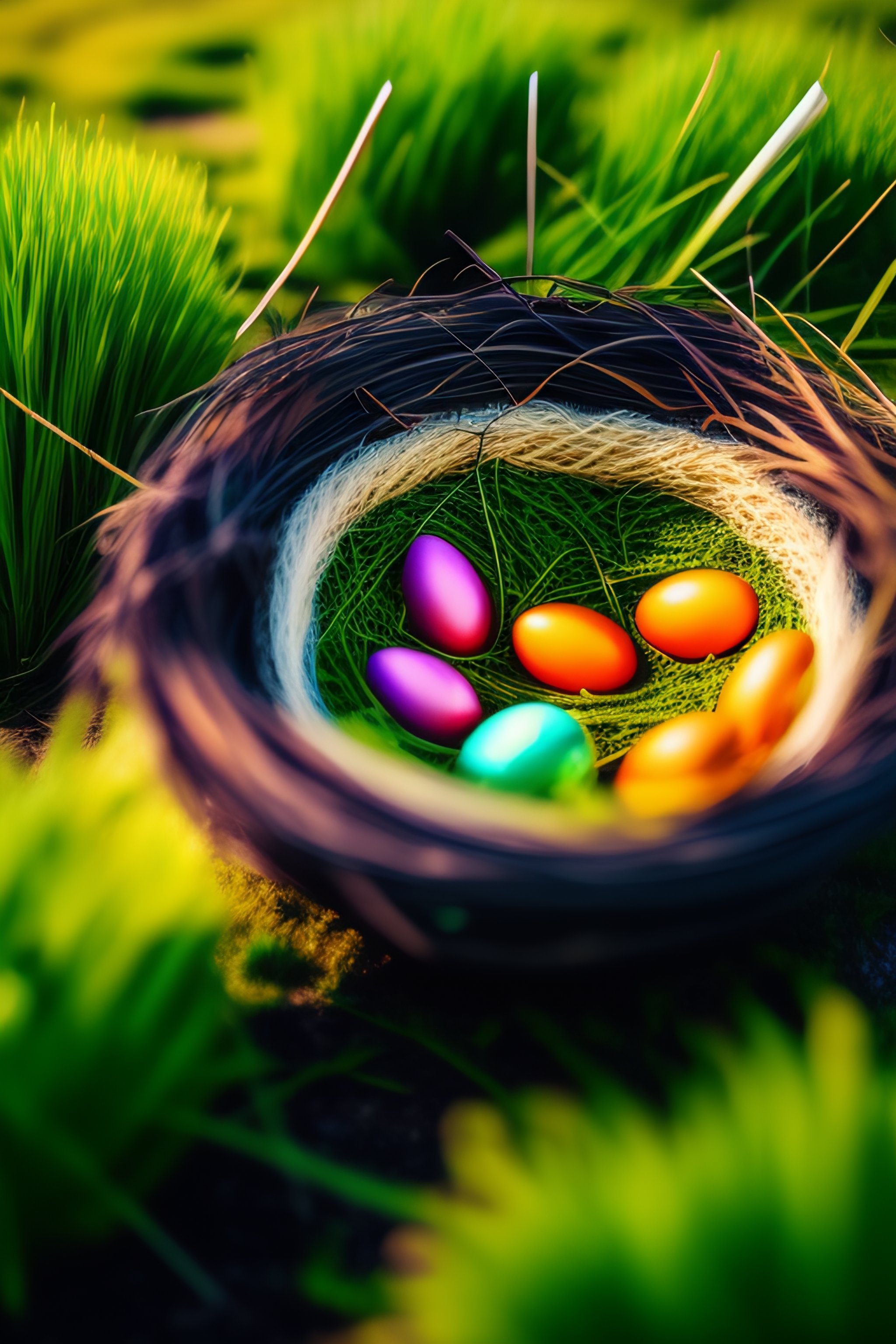 Lexica - Nest with easter eggs in grass on a sunny spring day