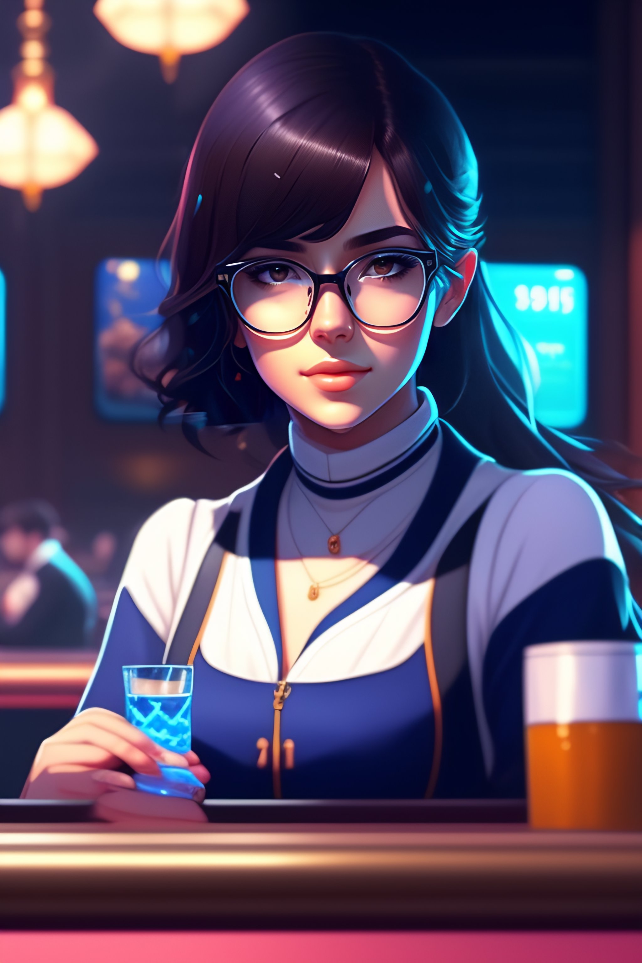 blue table hair glasses poker with girl drinking - Lexica tonic background c inside Cute a black sweater by casino wayfarer a sitting black in gin