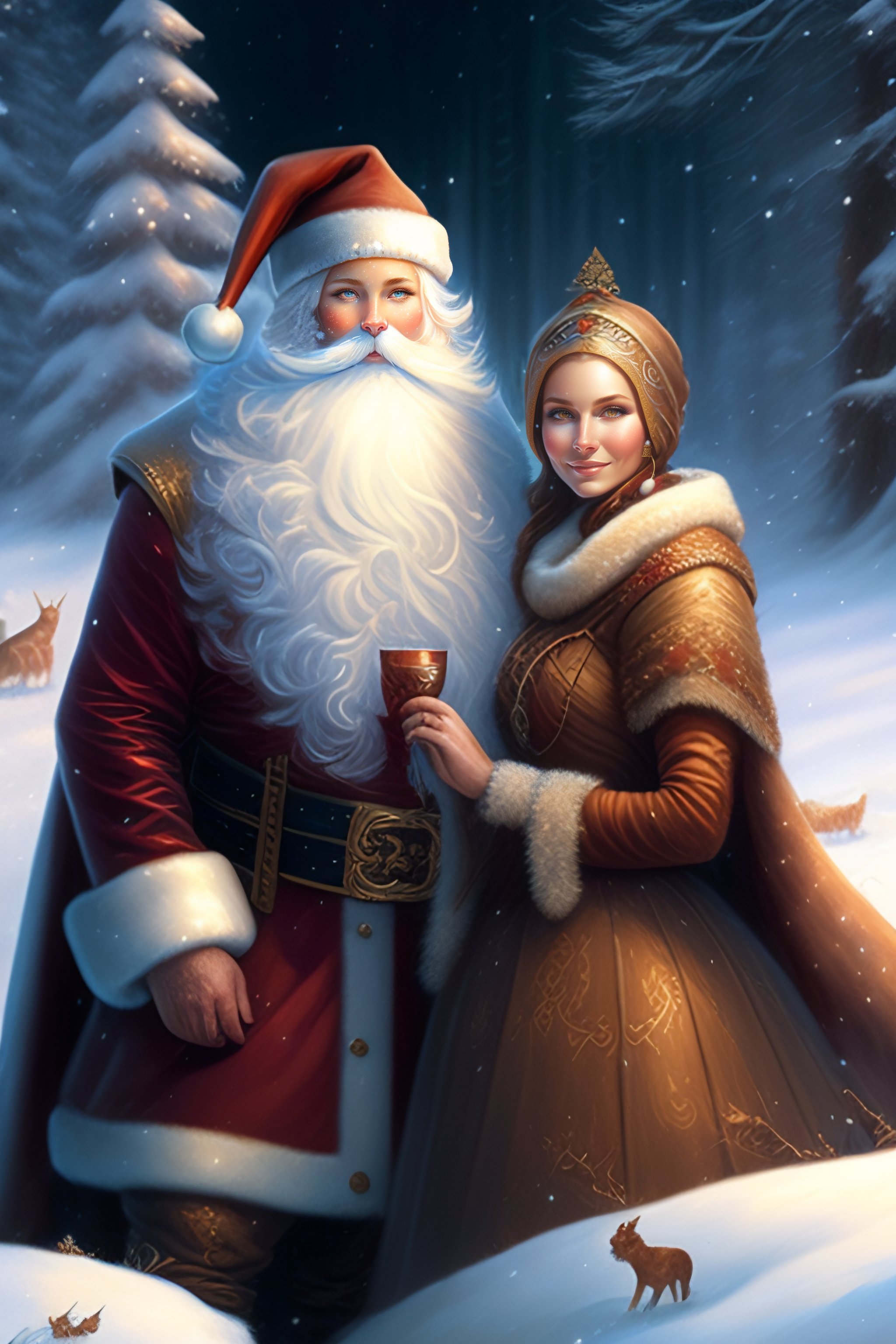 Lexica - New year's card, santa claus and snow maiden, hare, by justin ...