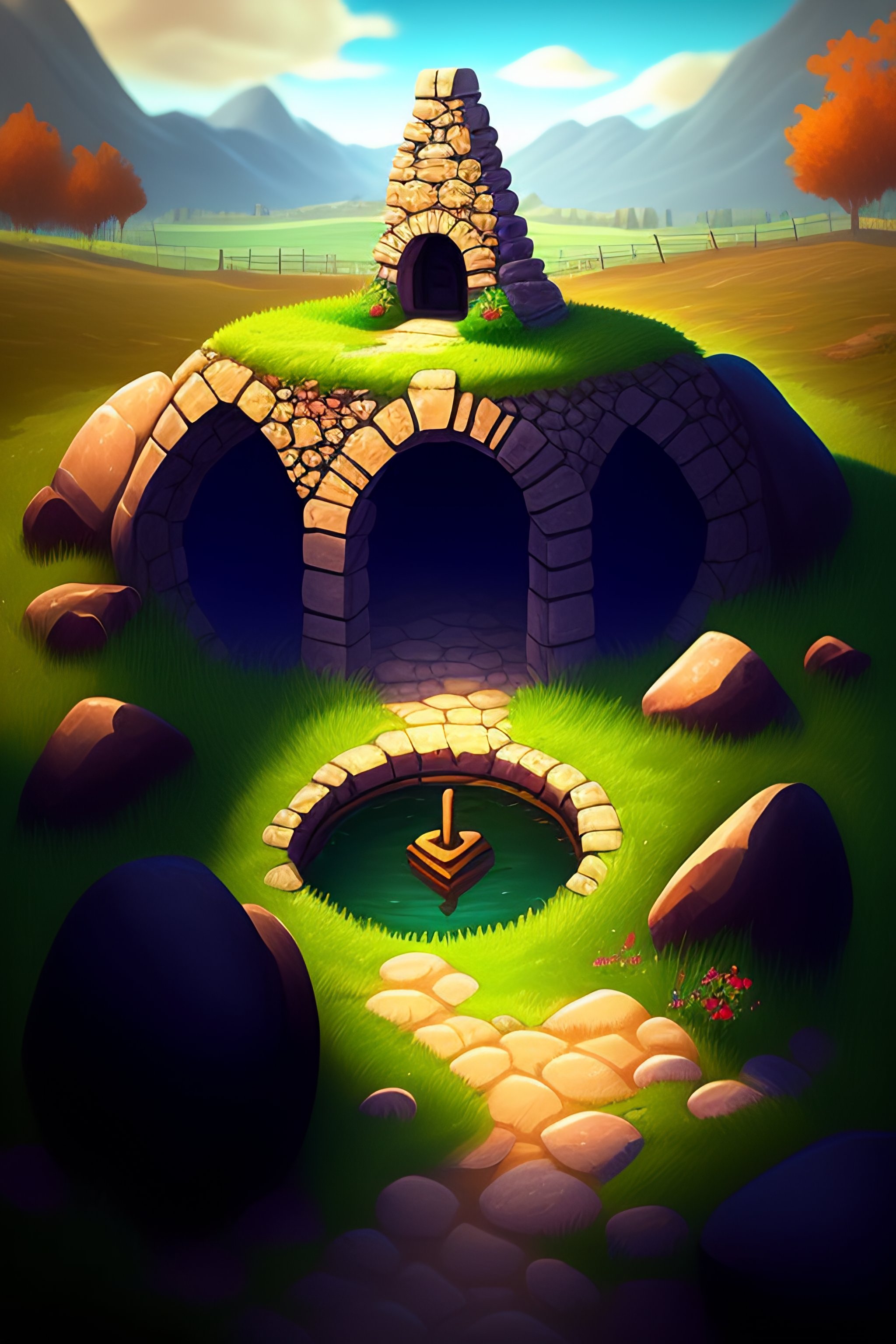 Lexica Empty grass field with a destroyed stone well, at midday, from