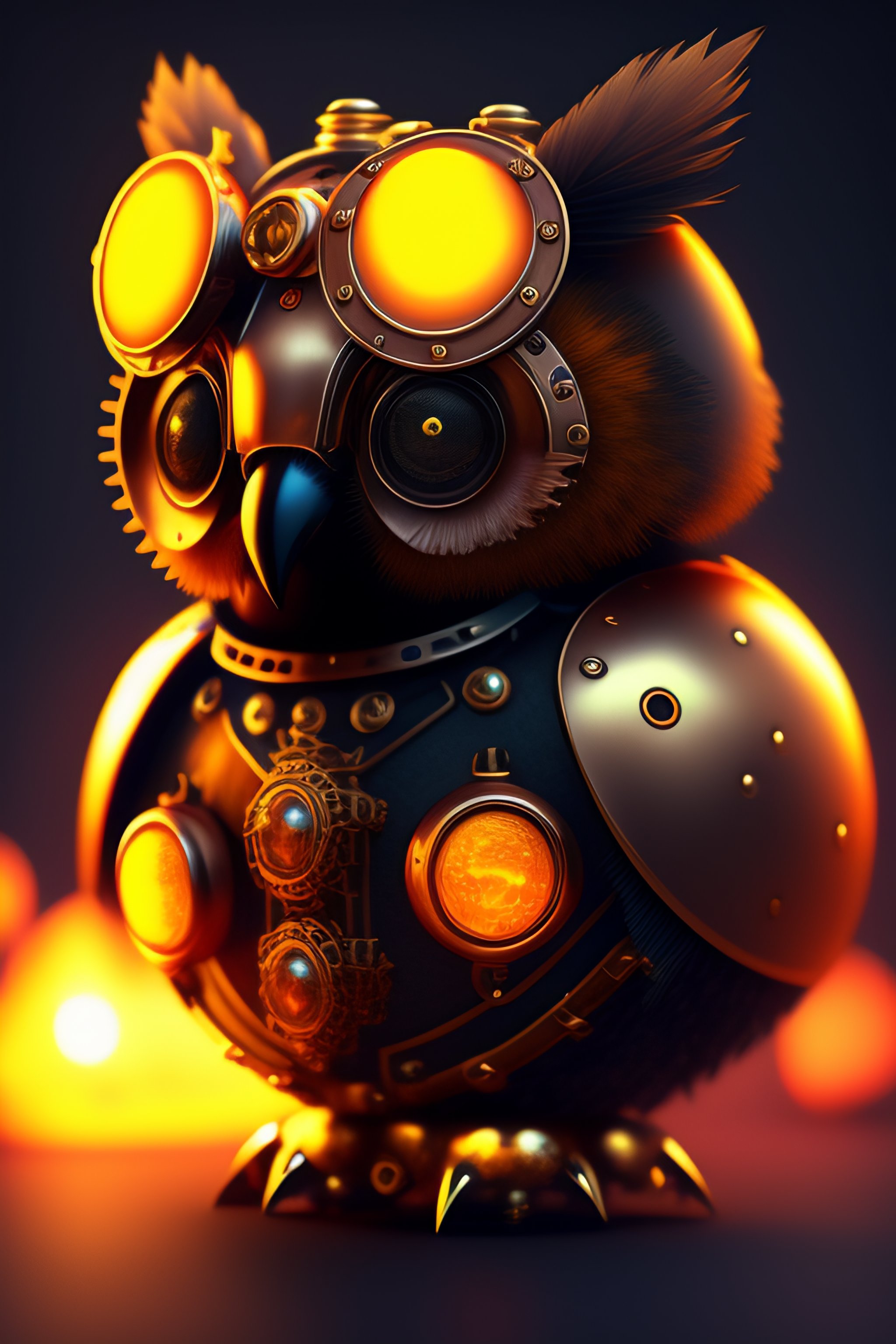Lexica - A cute adorable portrait of a rusty and dirty steampunk clockwork  mechanical baby owl made of iron ball with low poly eye's surrounded by  gl...