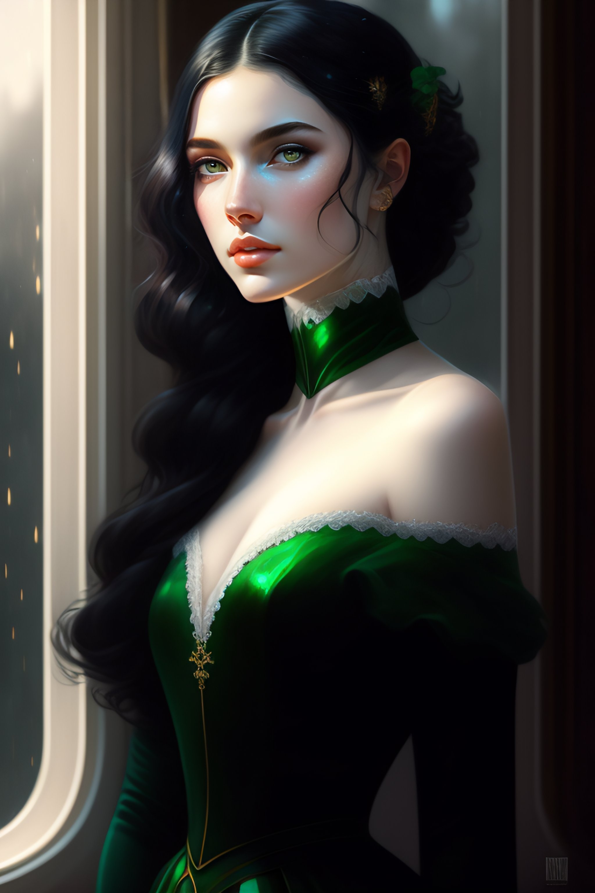 Lexica Black Hair Young Woman Pale Skin White Skin Green Eyes Looking Through The Window 1893