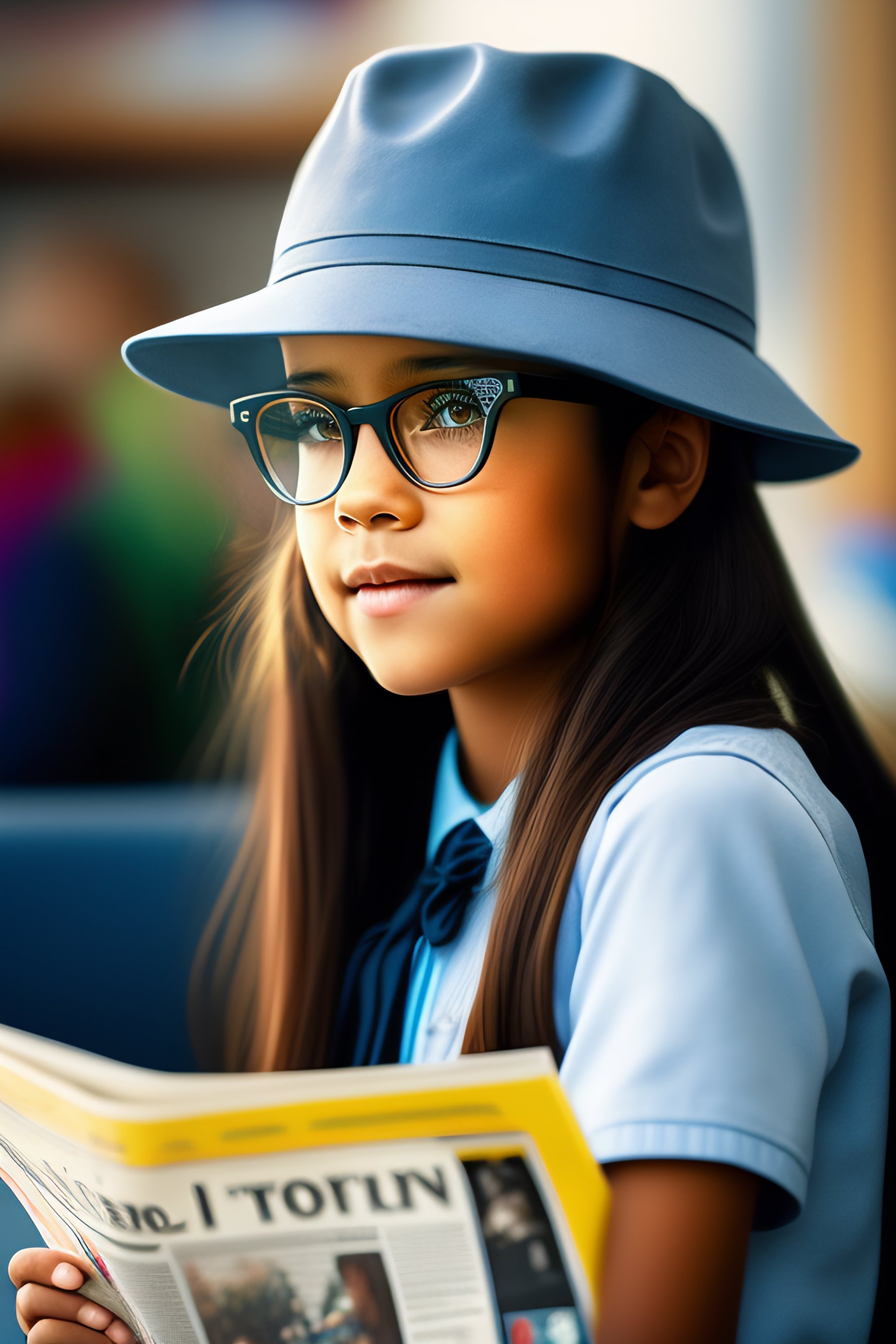 Lexica Young school girl with a hat and glasses reading the newspapper