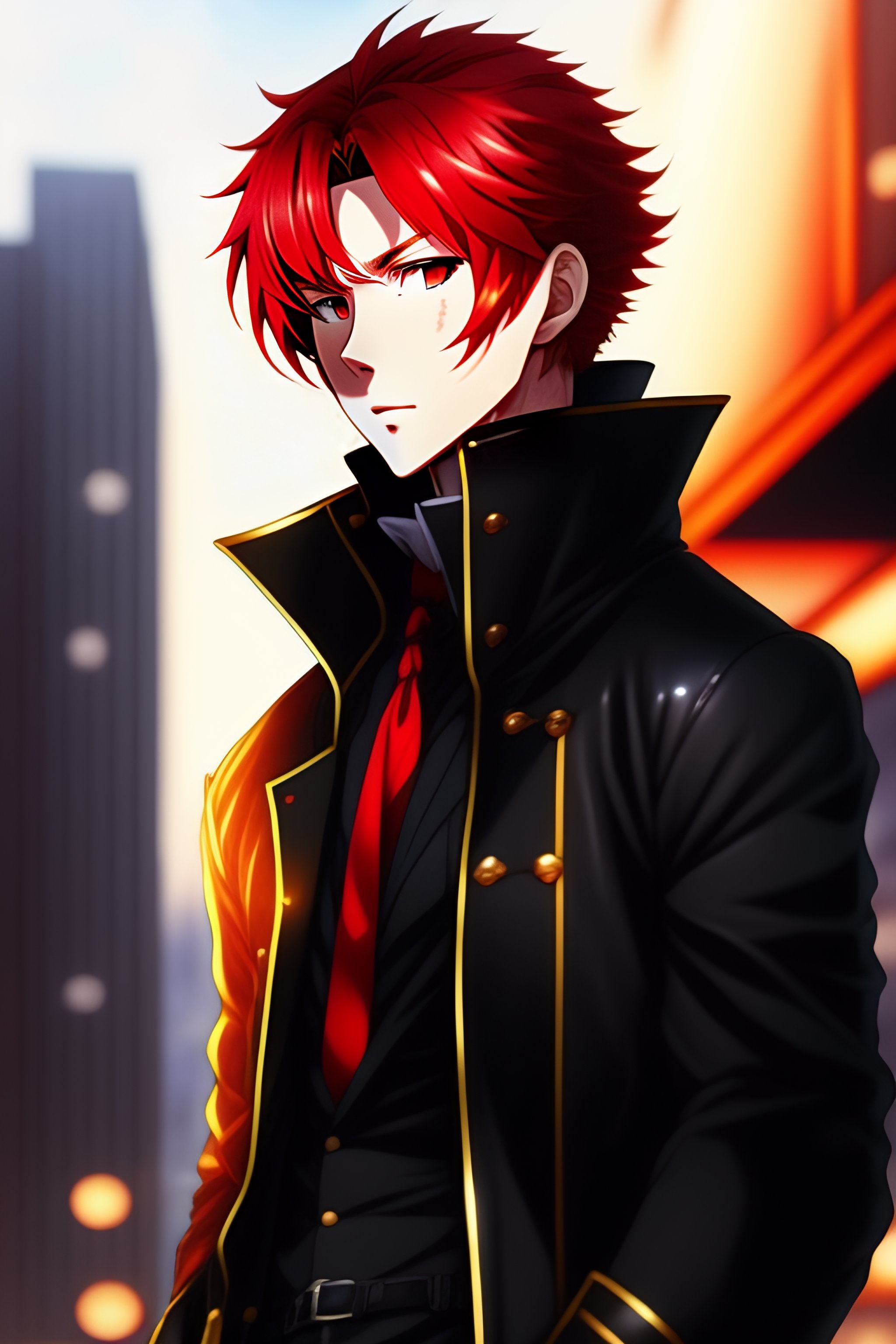 Lexica - Red haired anime man in black coat, anime style, high detailed,  night