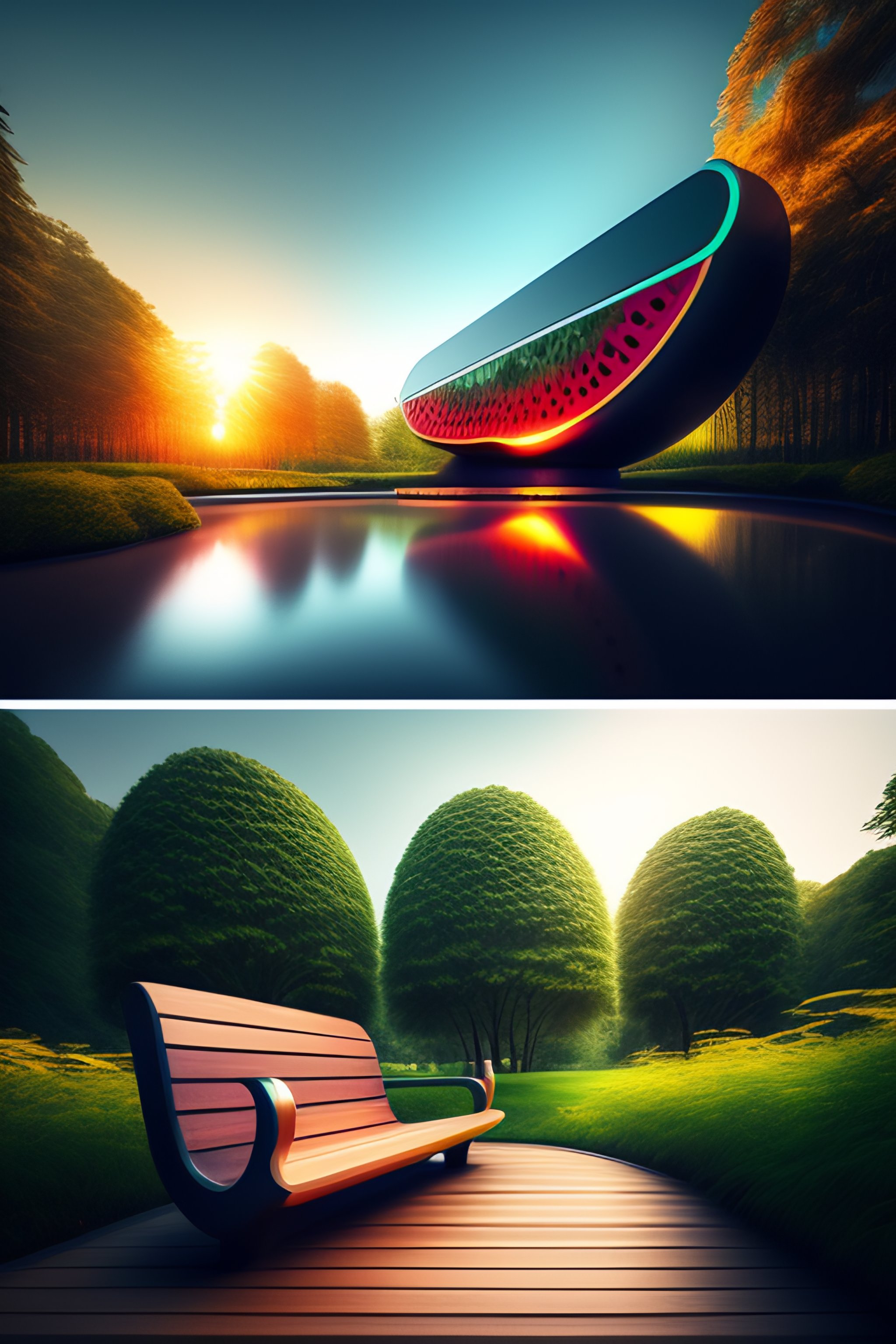 Lexica - Generate an image of a watermelon sitting on a bench, drinking ...