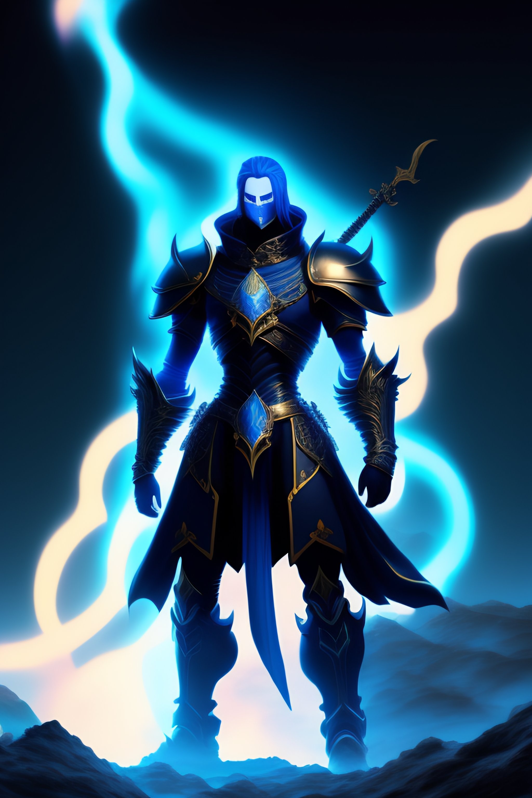 Lexica Giant skeleton in black armor, blue ghostly aura around him
