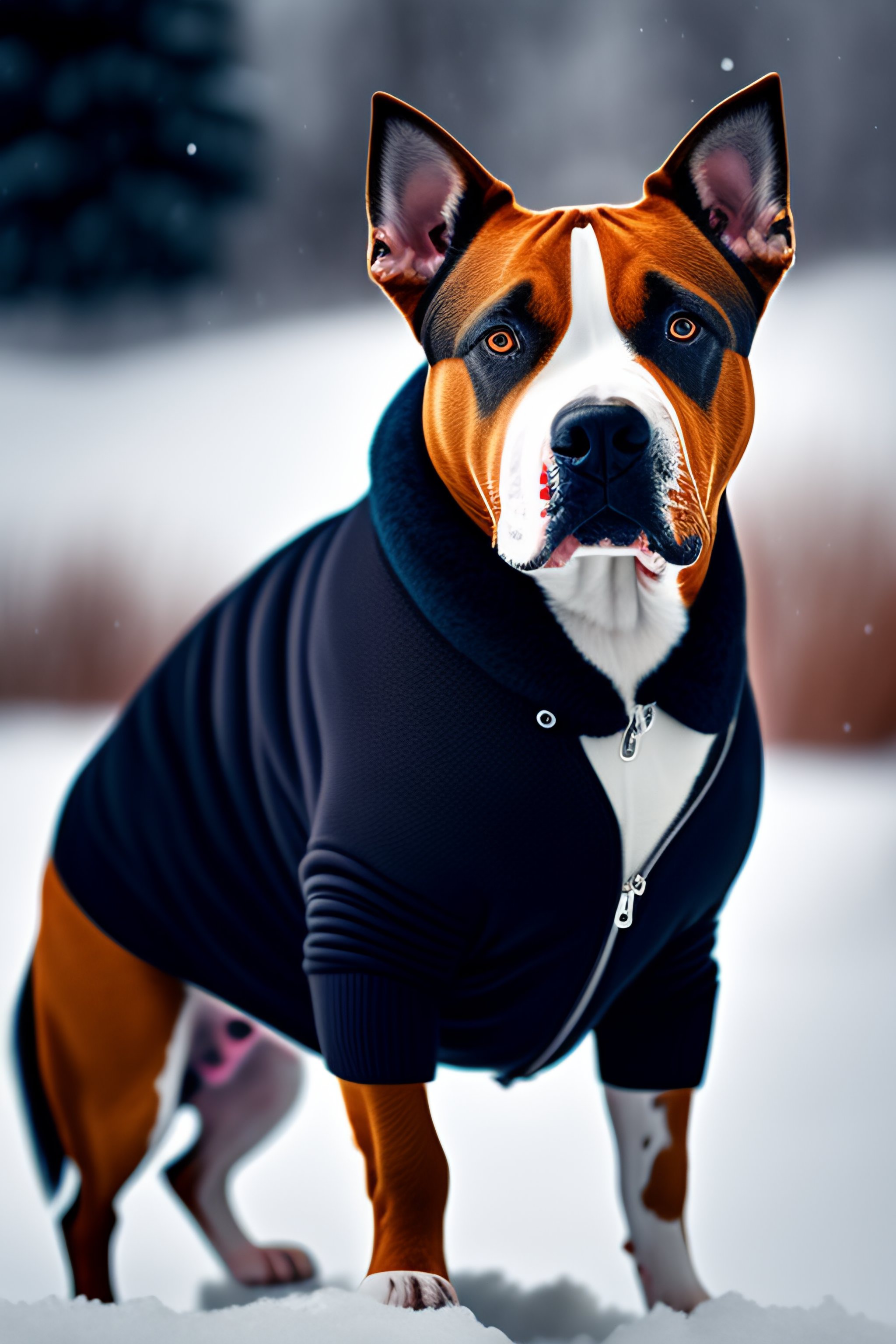Lexica American staffy wearing a spikey jacket standing on the snow