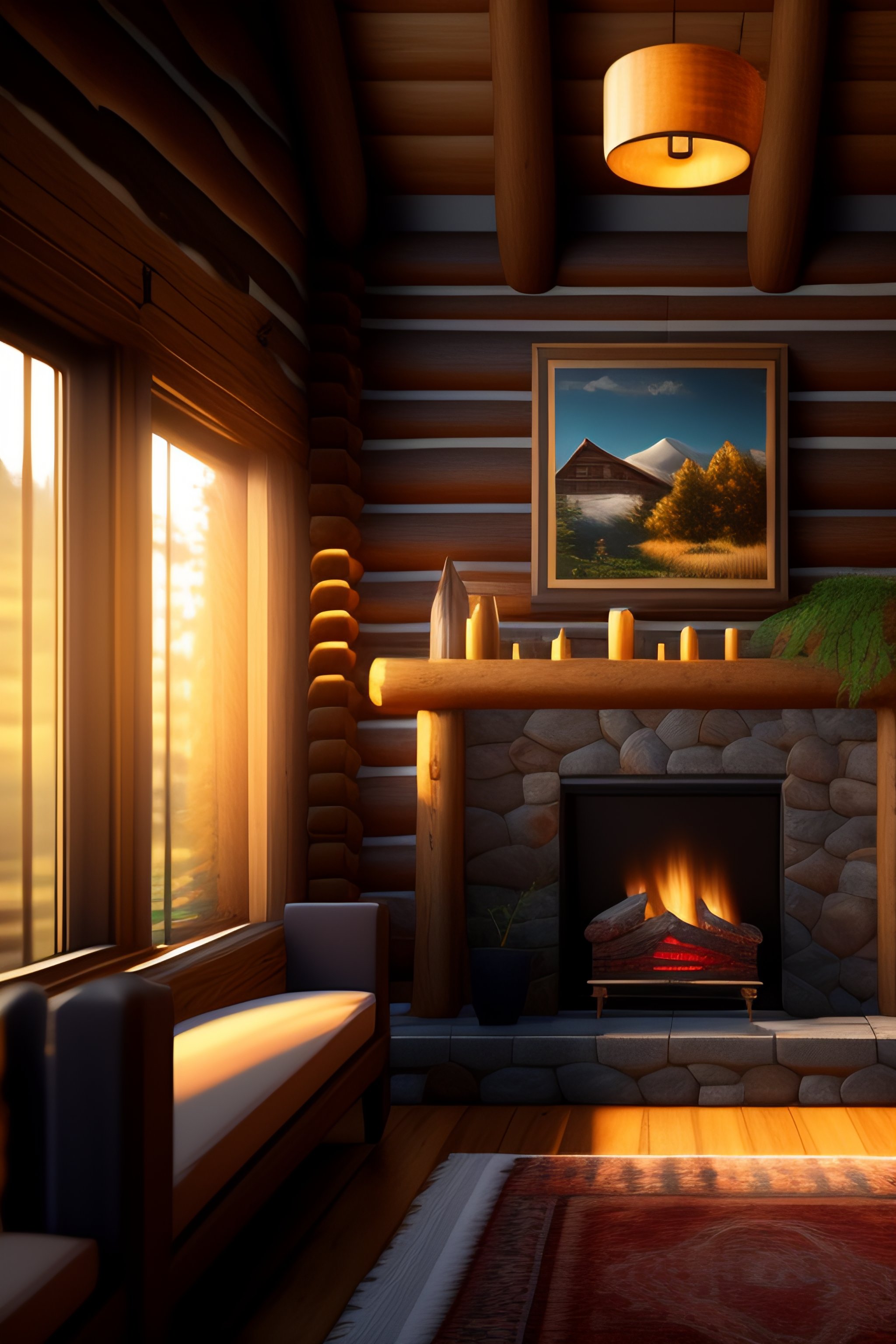 Lexica - Log cabin interior with a large hamburger on the wall like a 