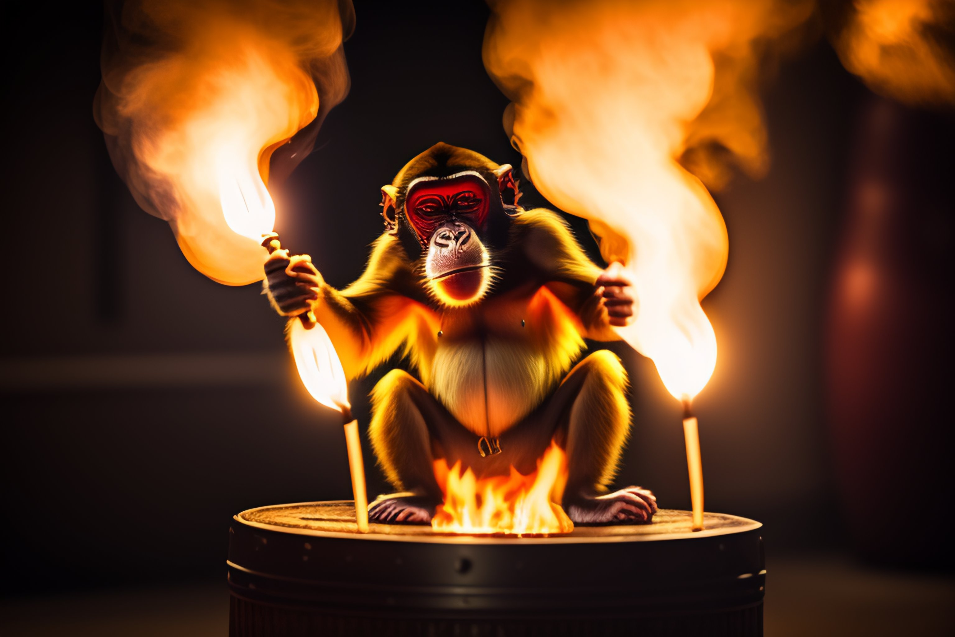 Lexica Photograph of a monkey juggling flaming torches while standing