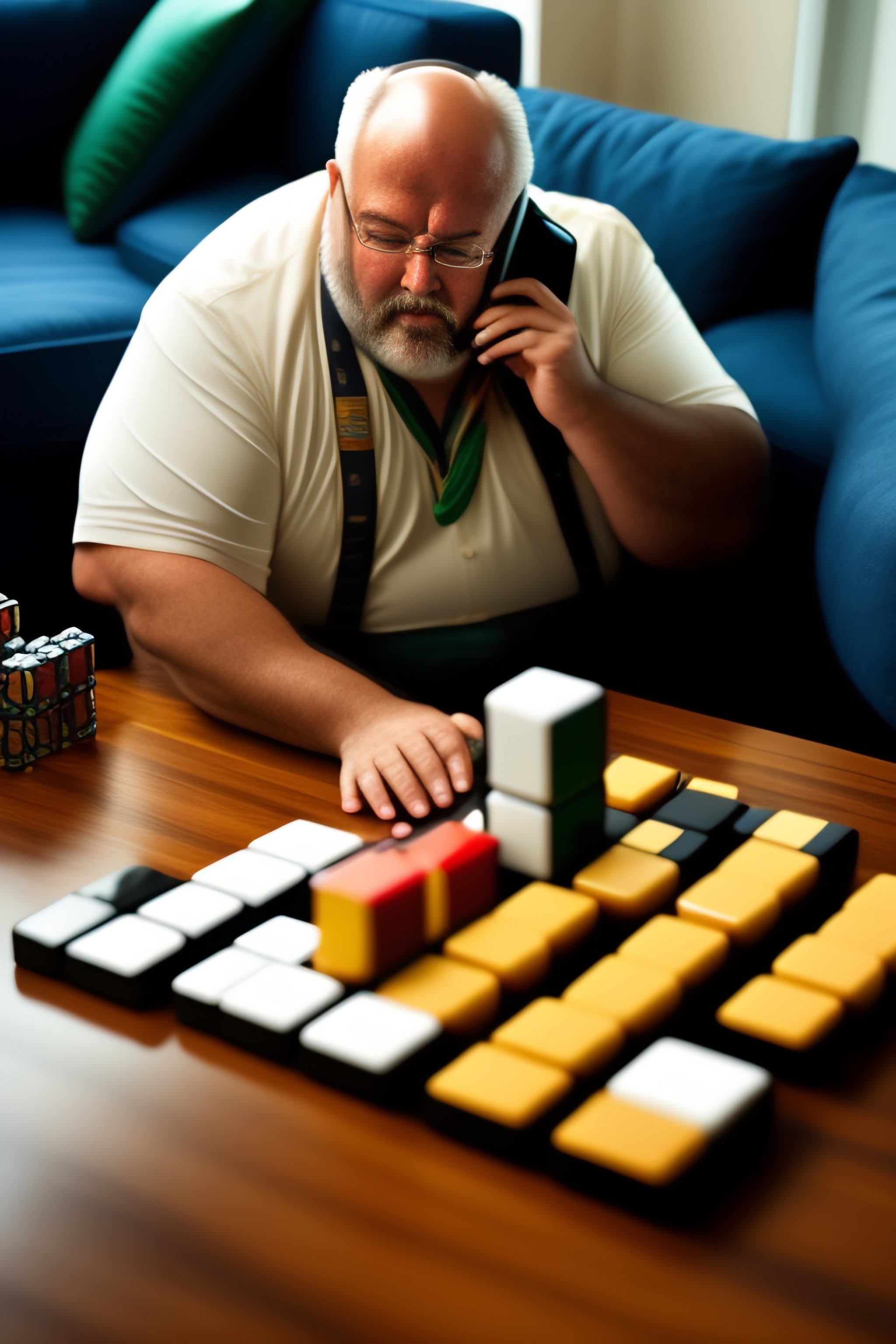 Lexica - Portly man on phone waiting on hold for a very long time and ...