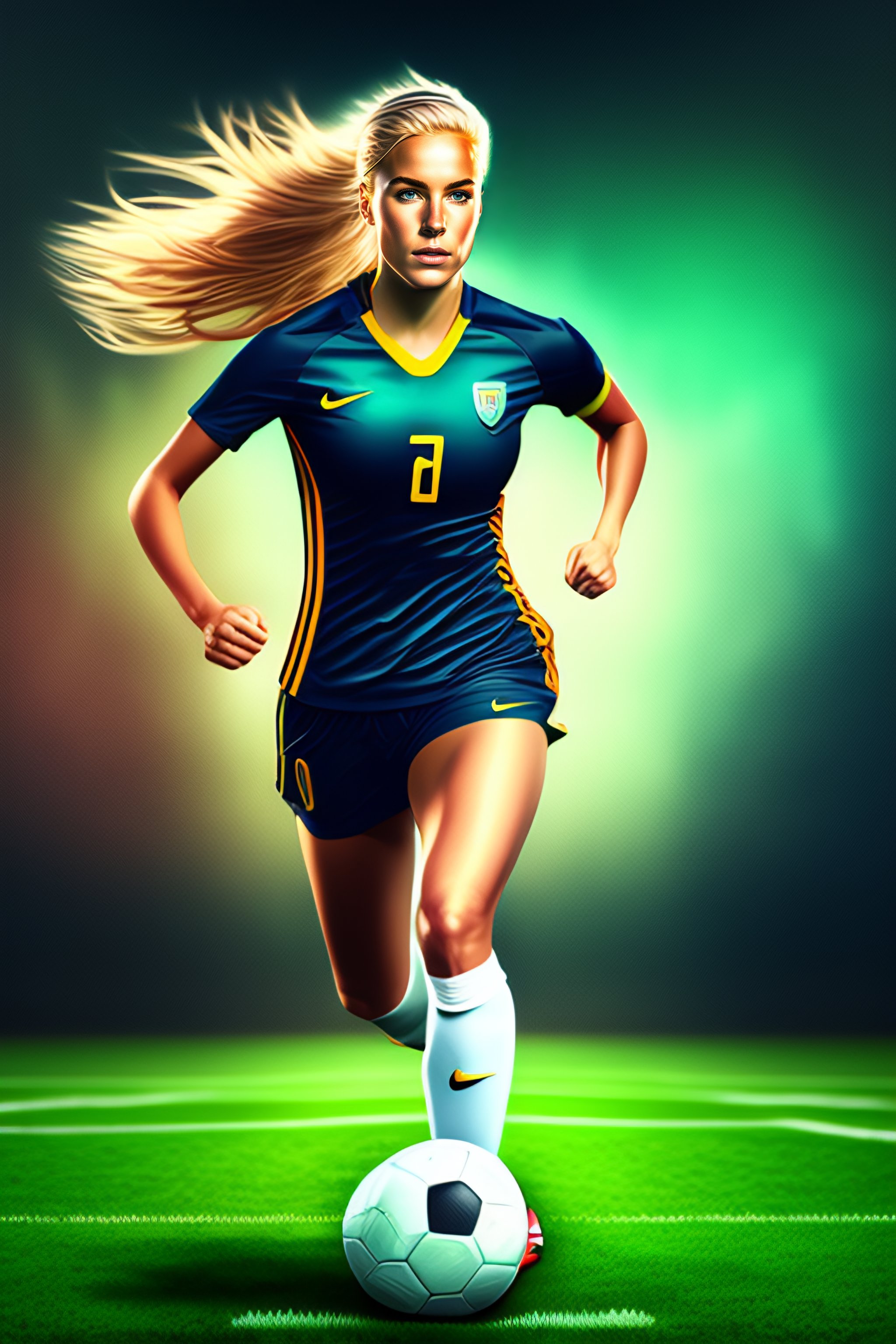 Lexica - Comic book style blonde girl college soccer player on the field  with a soccer ball