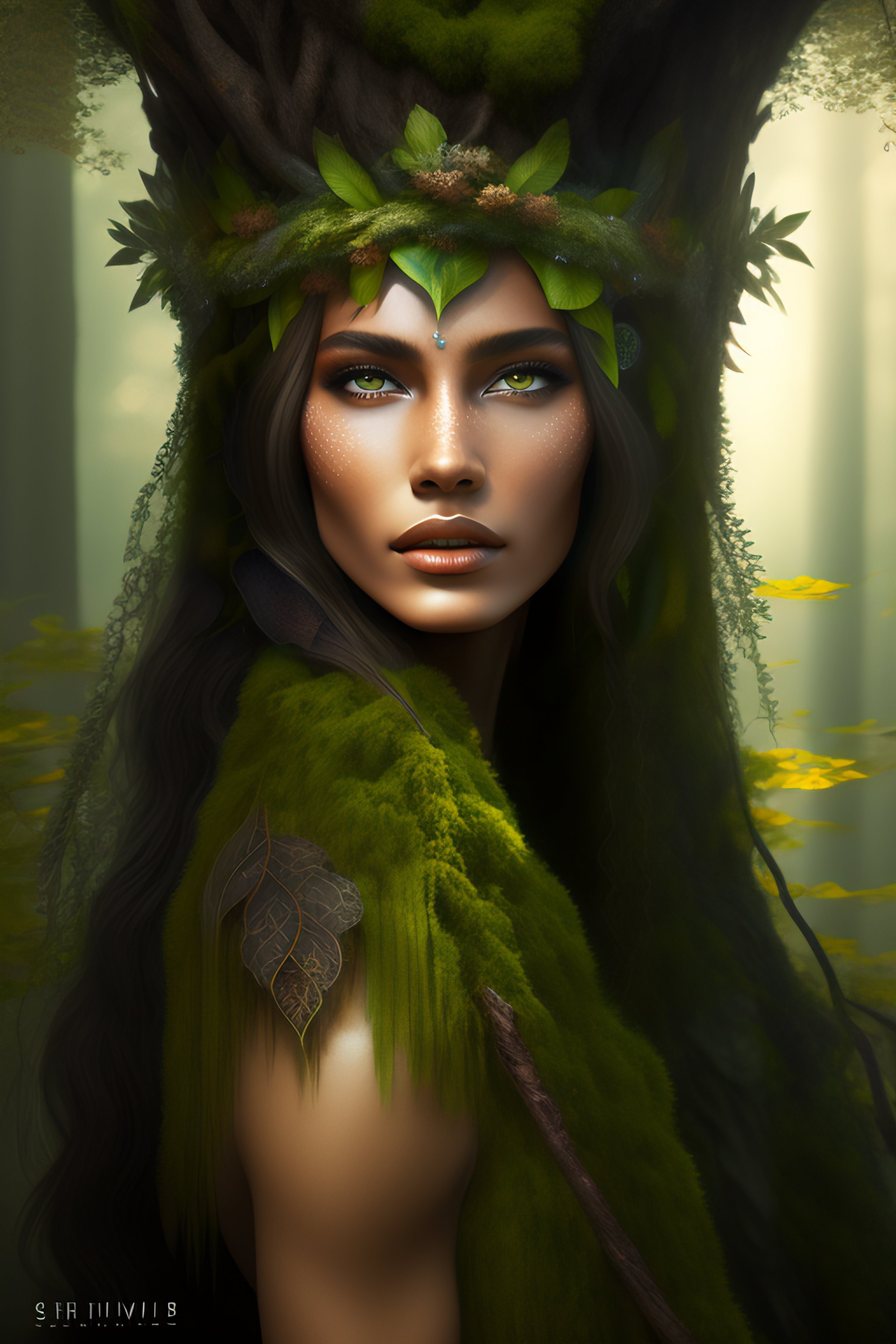 Lexica - Photorealistic, Dryad with skin of moss and armor of bark, forest