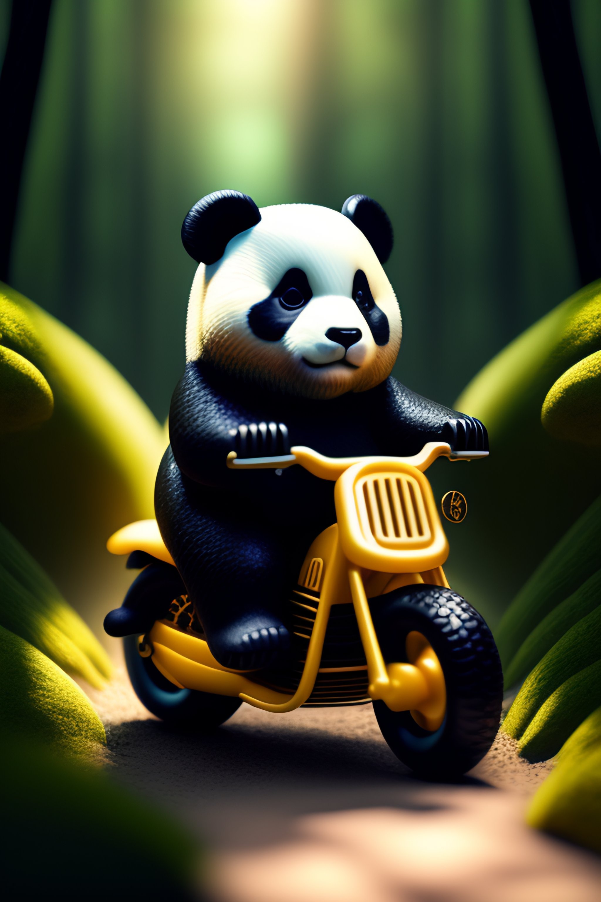 Lexica - Baby boy panda bear ride motorcycle in the thick bamboo forest ...