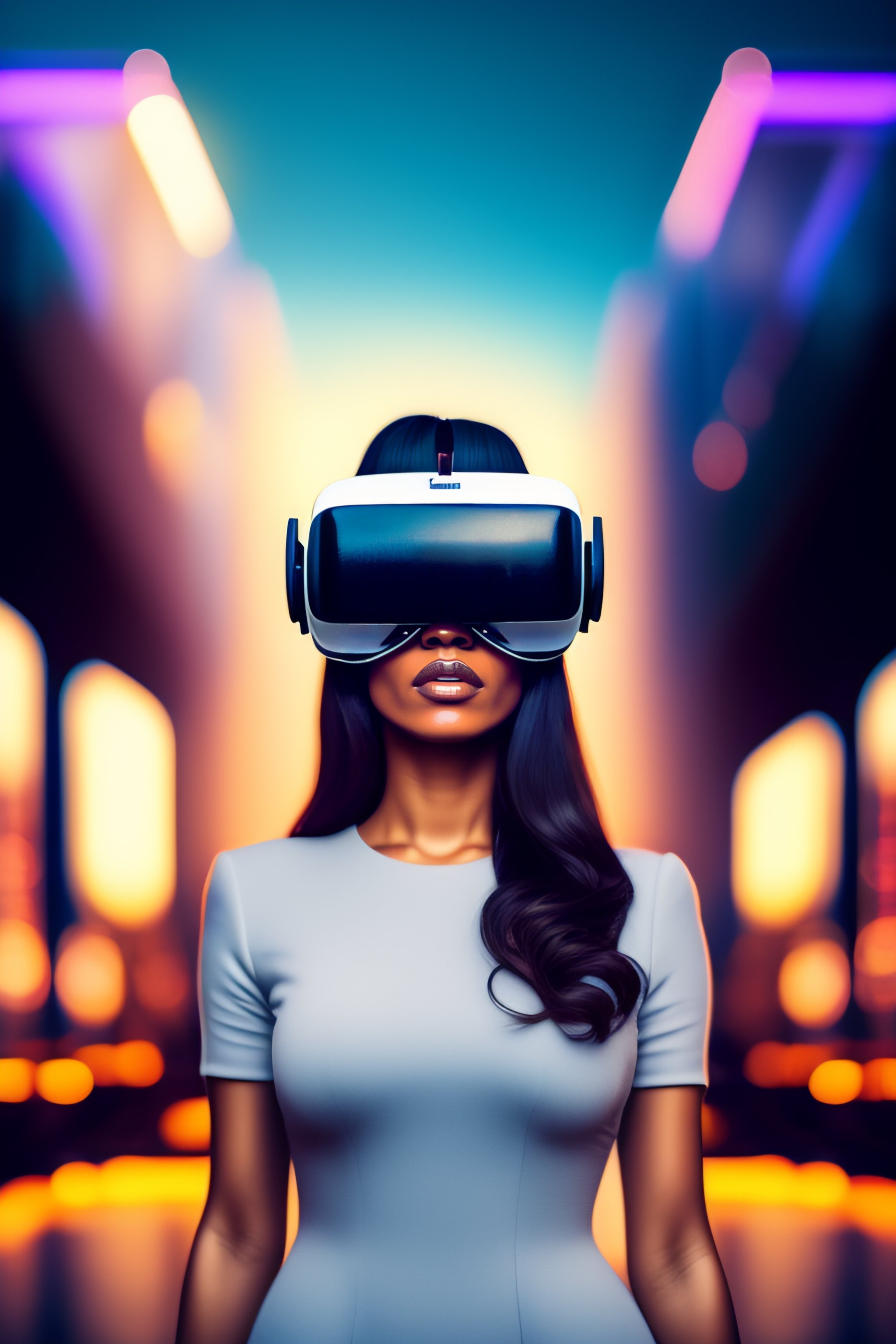 Lexica - Full body portrait of futuristic woman with virtual reality  headset playing with a joystick in hands. Background is a futuristic city  taken ...