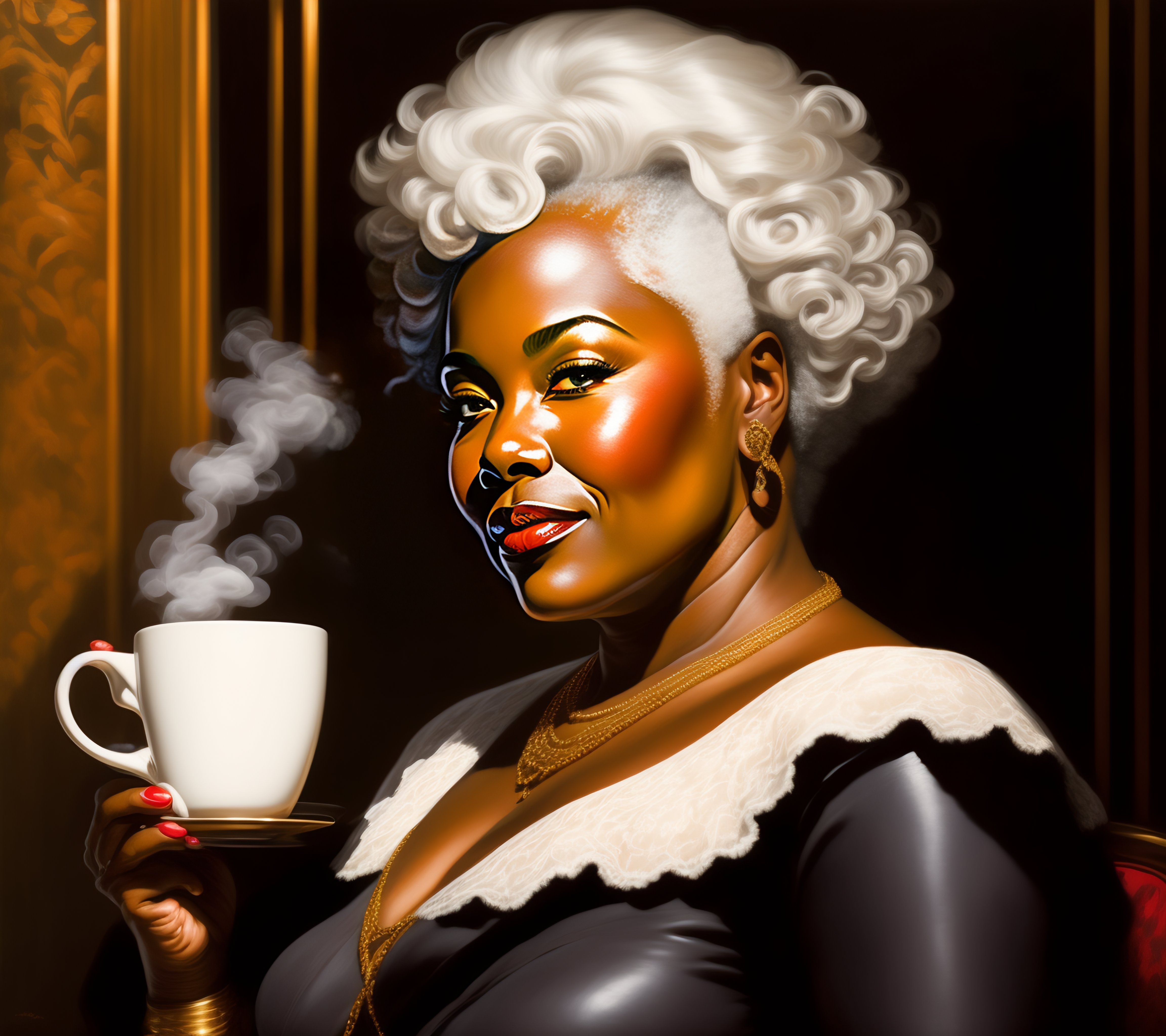 Lexica - Attractive older plump black woman drinking steaming coffee, mixed  black little gray mixed grey streaks gray hair painting by j. c. leyendec...