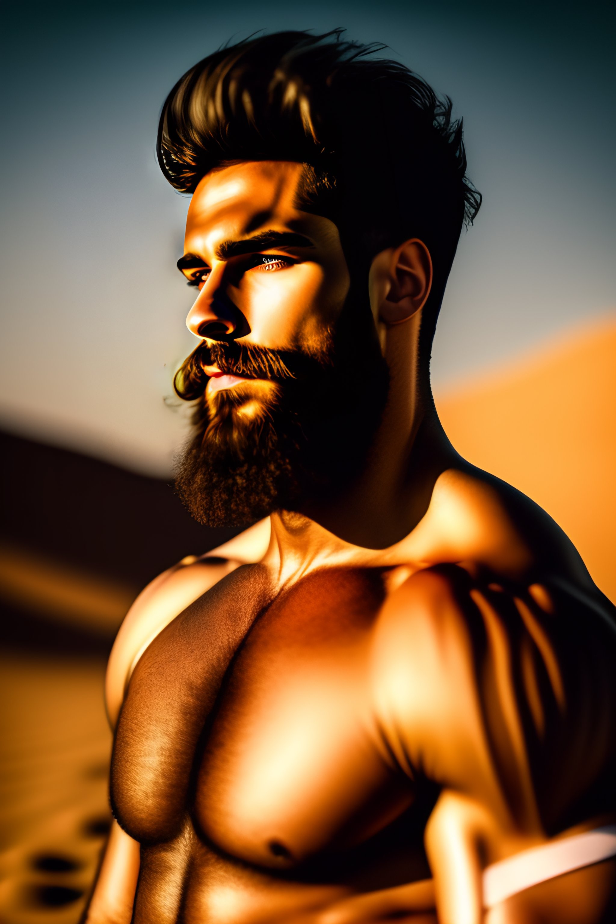 Lexica 24 year old man with short beard, masculine.