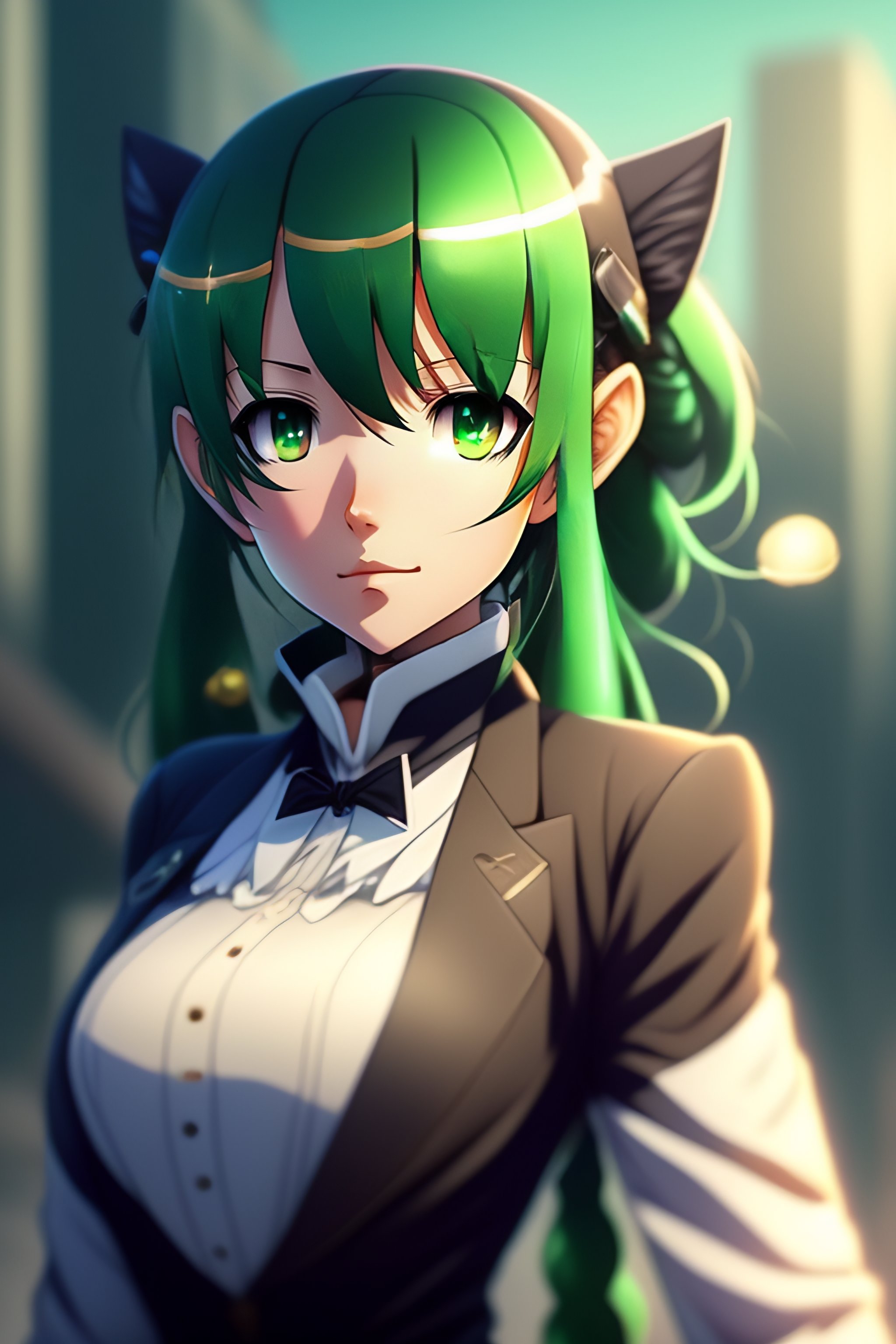 Lexica - Anime,green hair pigtails,small smile,black suit,short,brown eyes