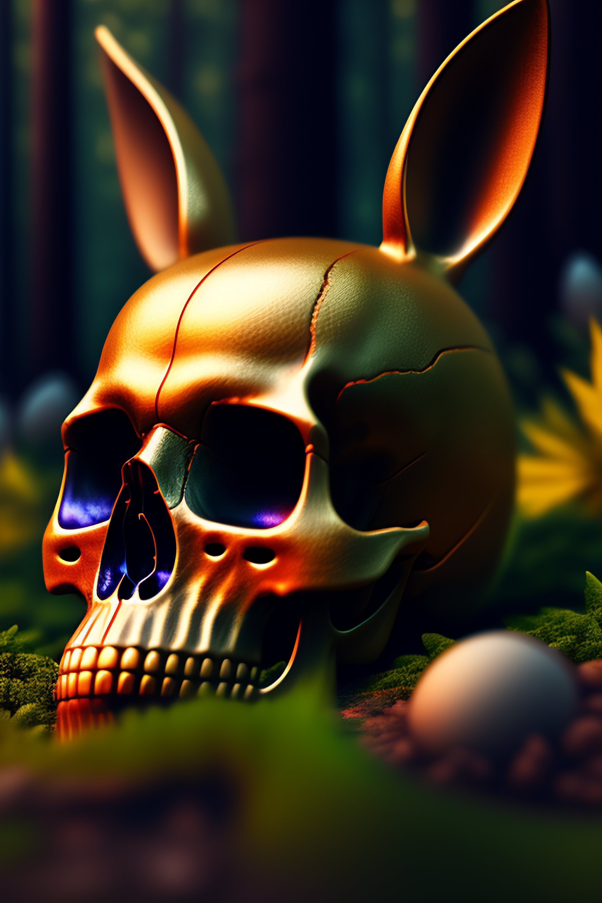 Lexica - The skull of a jackrabbit laying on the ground of a dark