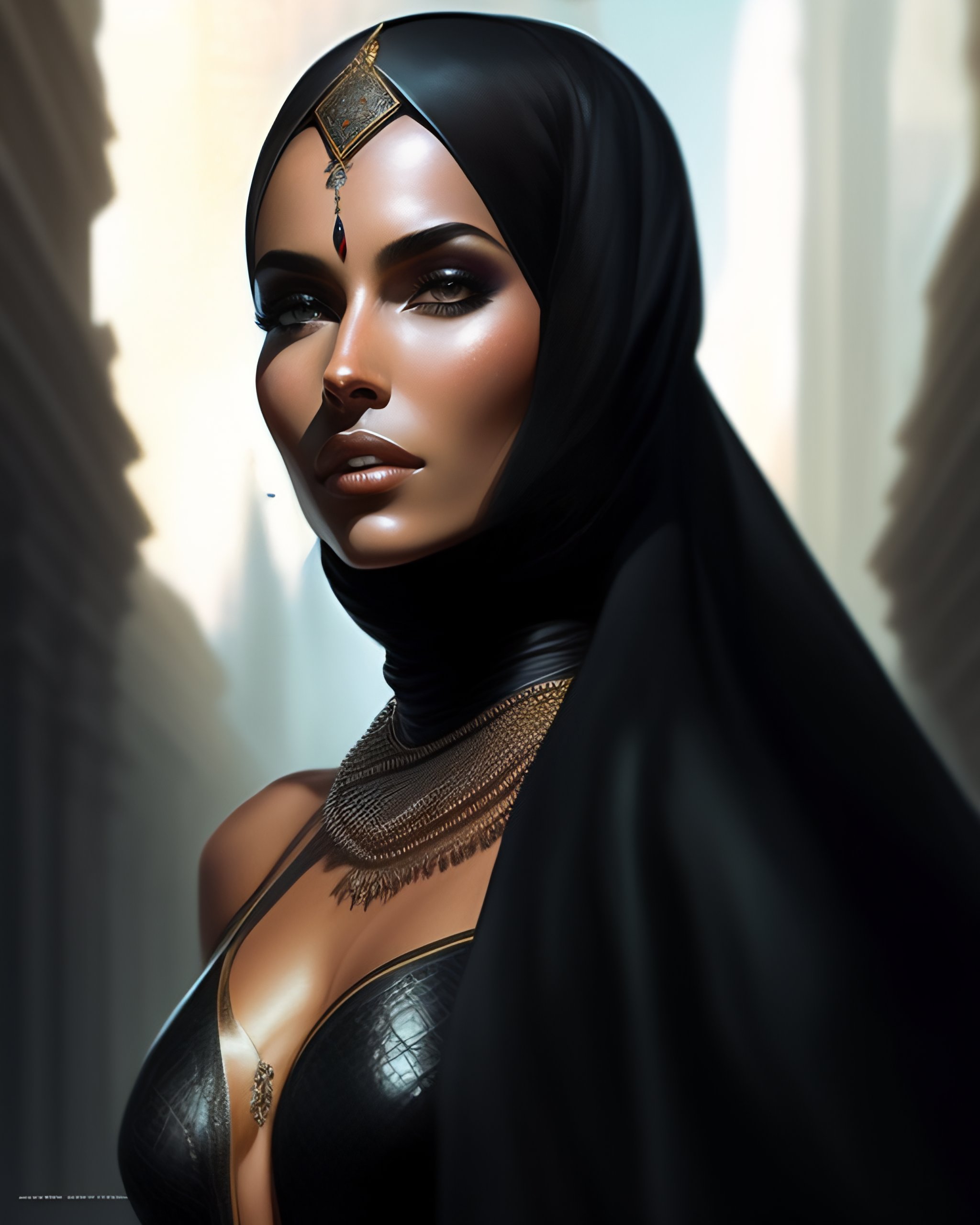 Lexica - A full body sexy beautiful Girl wearing a hijab made of black  silver with jewelry and diamonds like tomb raider as aeon flux profile  picture...