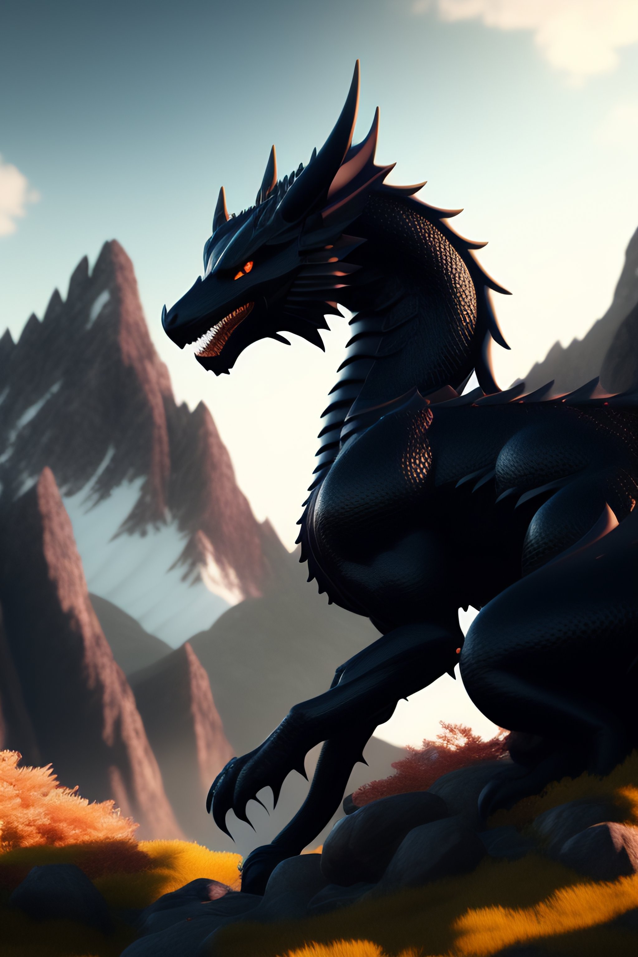 Lexica - A black dragon in the mountains, soft light, sharp focus ...