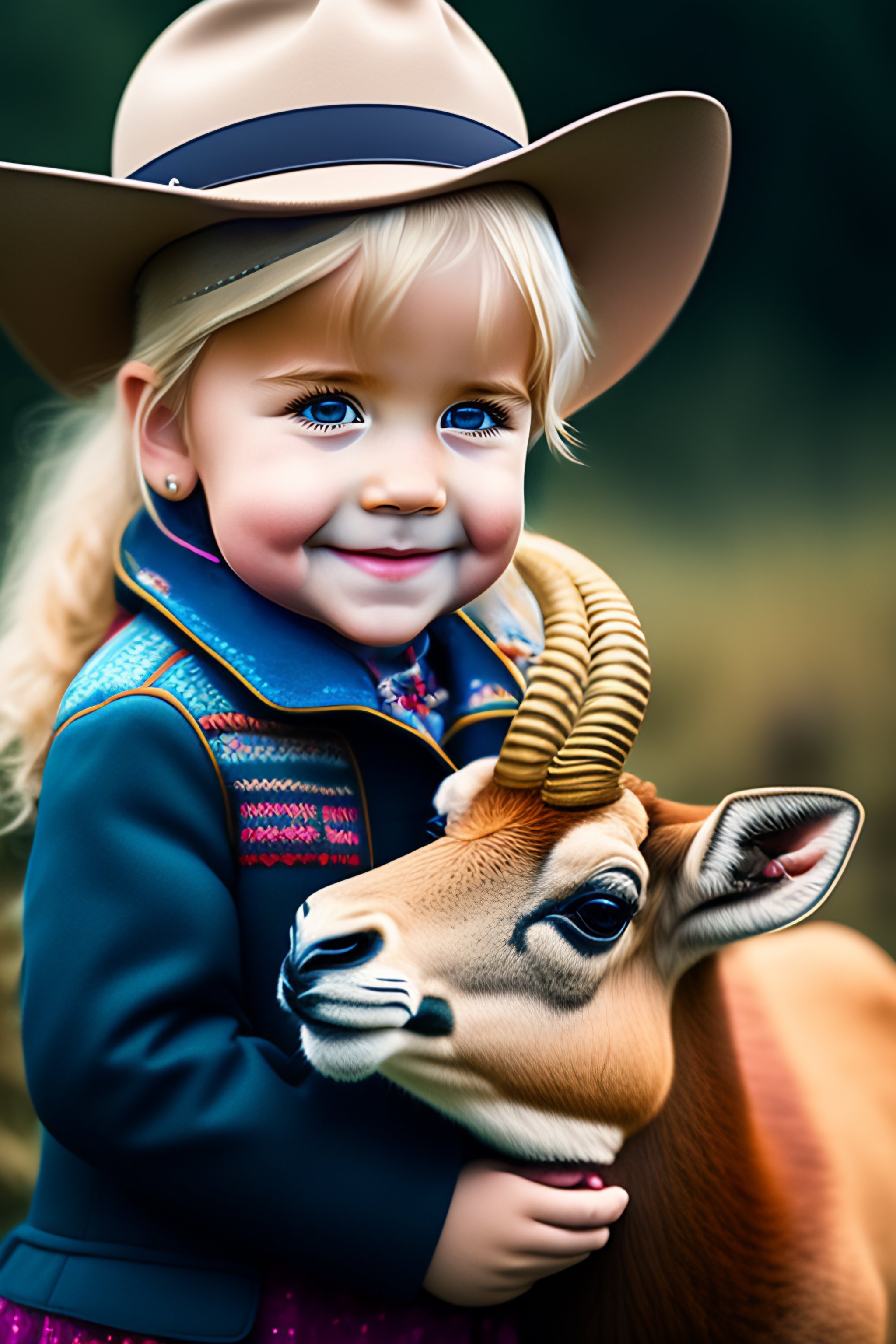 lexica-a-3-year-old-blonde-girl-with-a-hat-petting-a-cute-ibex