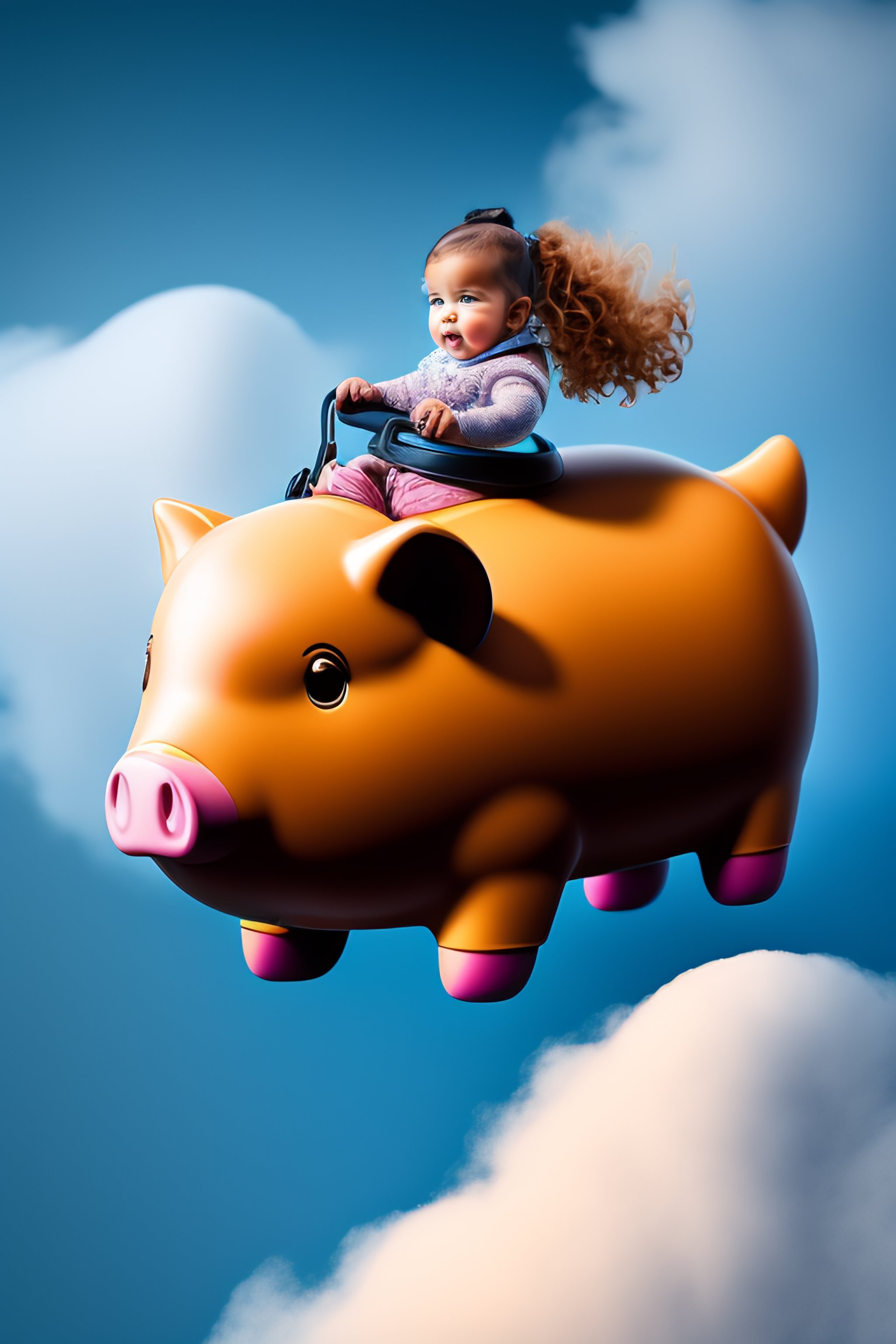 Lexica - A girl riding a Flying pig in clouds