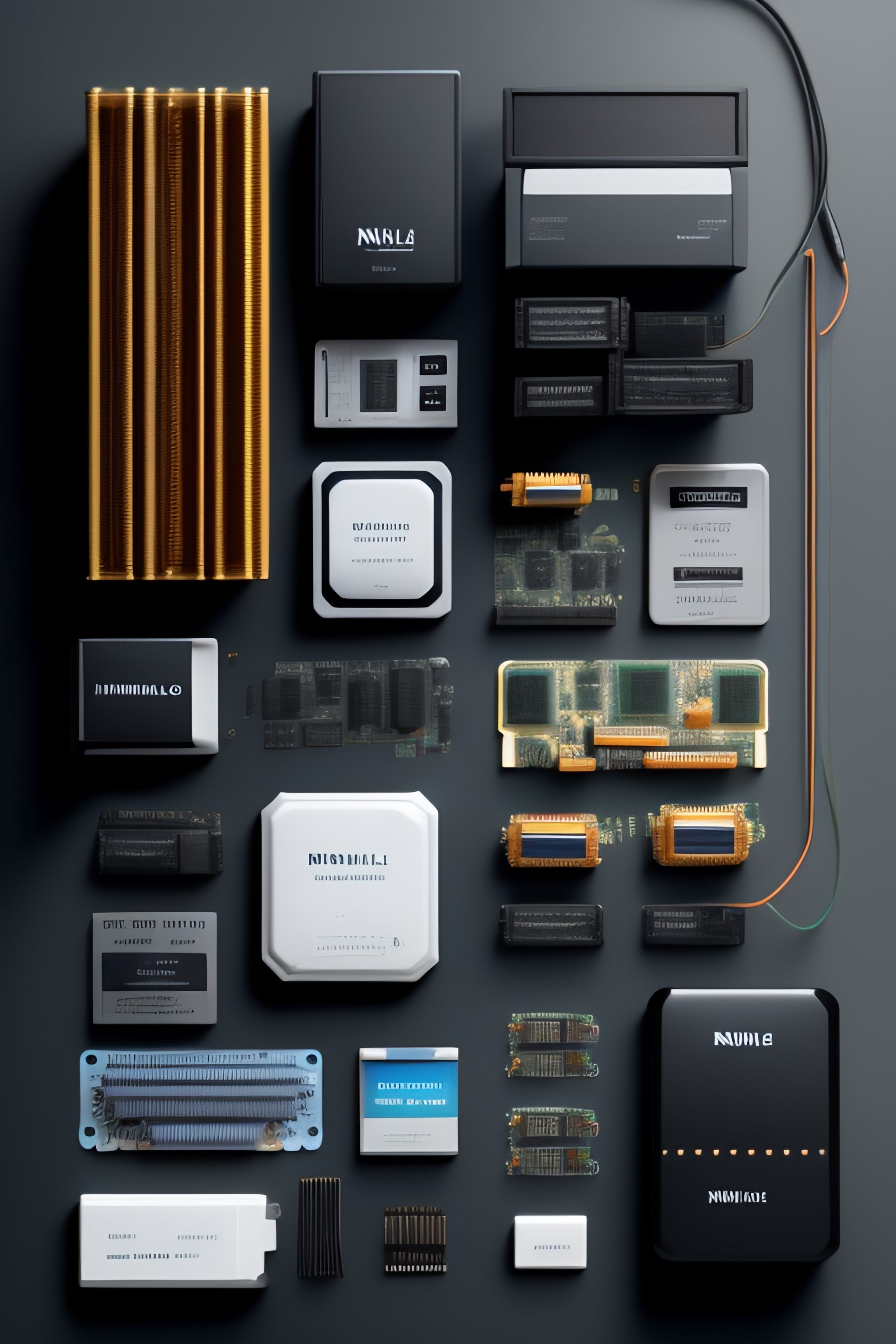 Lexica - Knolling, flat lay, computer parts, harddrive