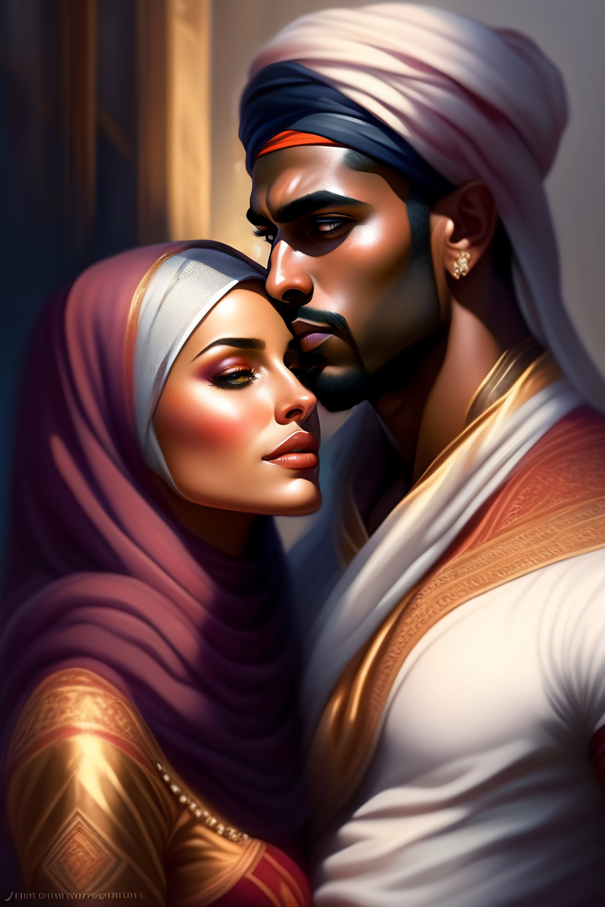 Lexica - Muslim hijabi girl kissing hindu muscular man, romantic ...
