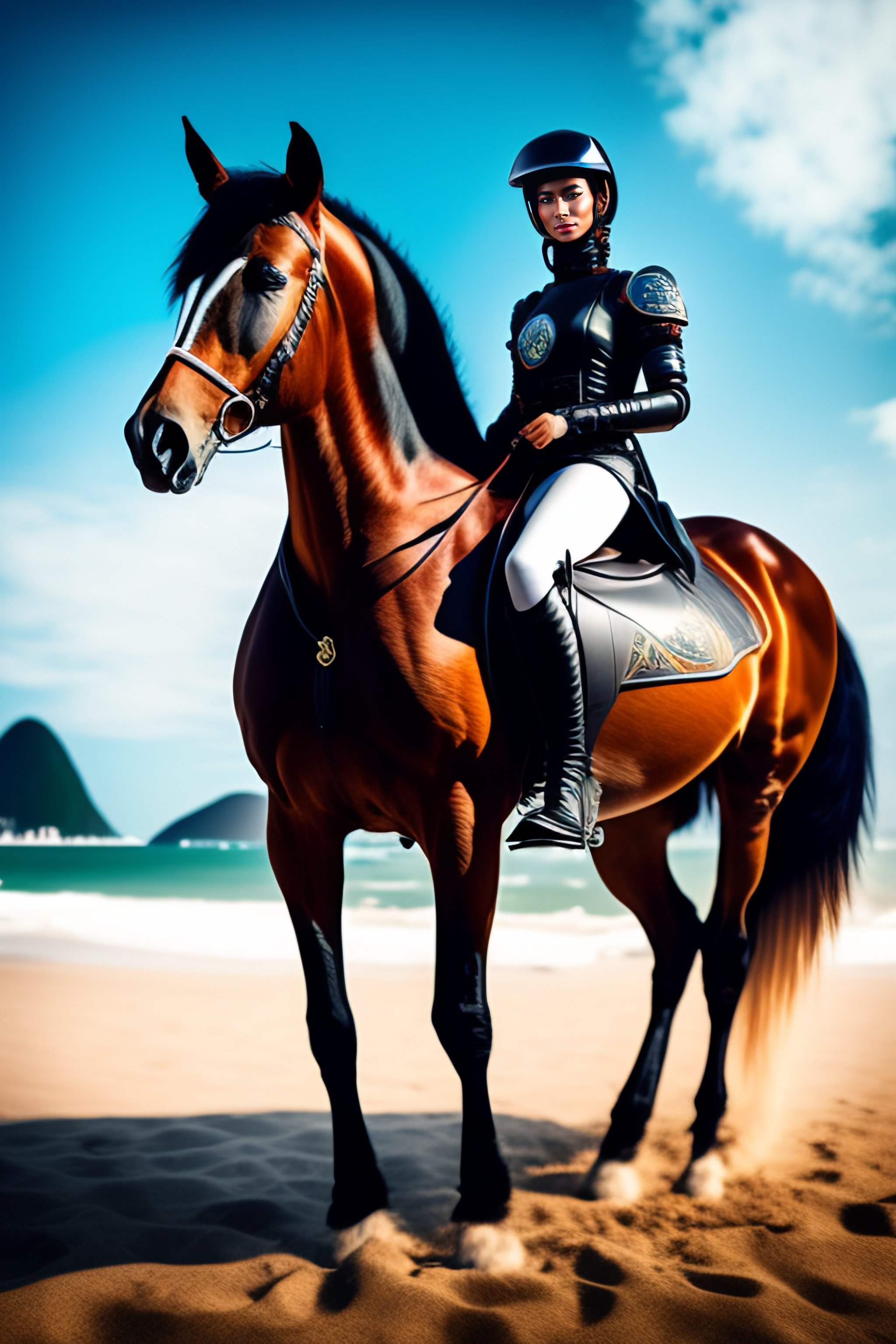 Lexica - Create a cyberpunk robot with horse on a beach in Rio de Janeiro