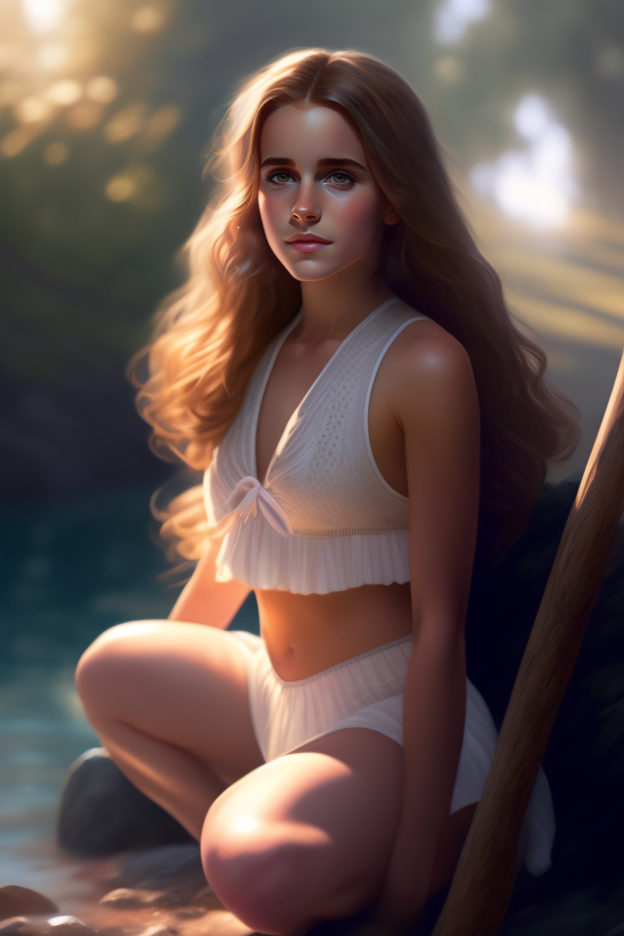 Lexica - Bikini, sitting on a stick, full length, legs, feet, young Emma  Watson as Hermione Granger, anatomy, bathed in light, highly detailed,  photo...