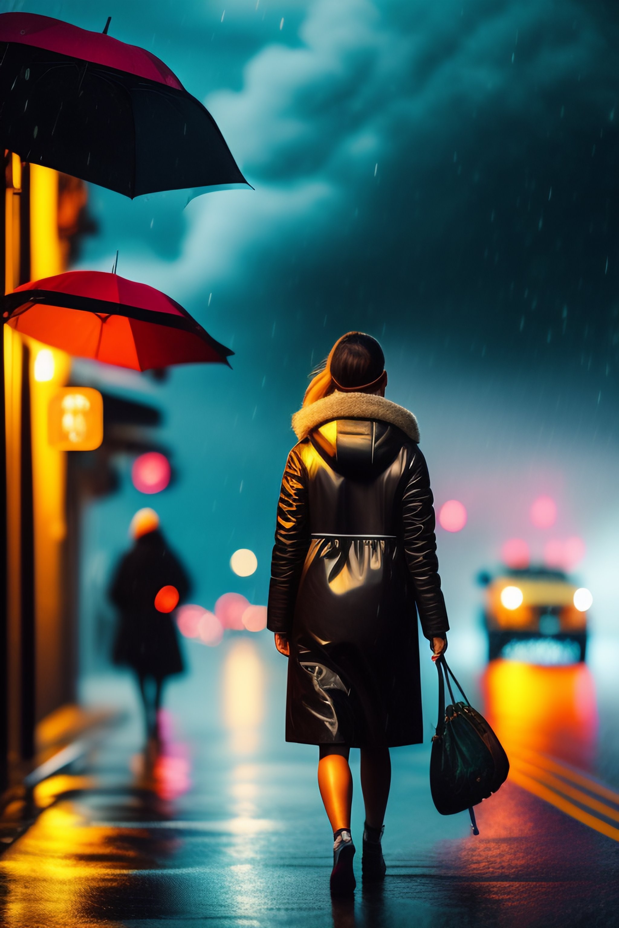 Lexica - A beautiful girl walking in a street midnight with rain and ...