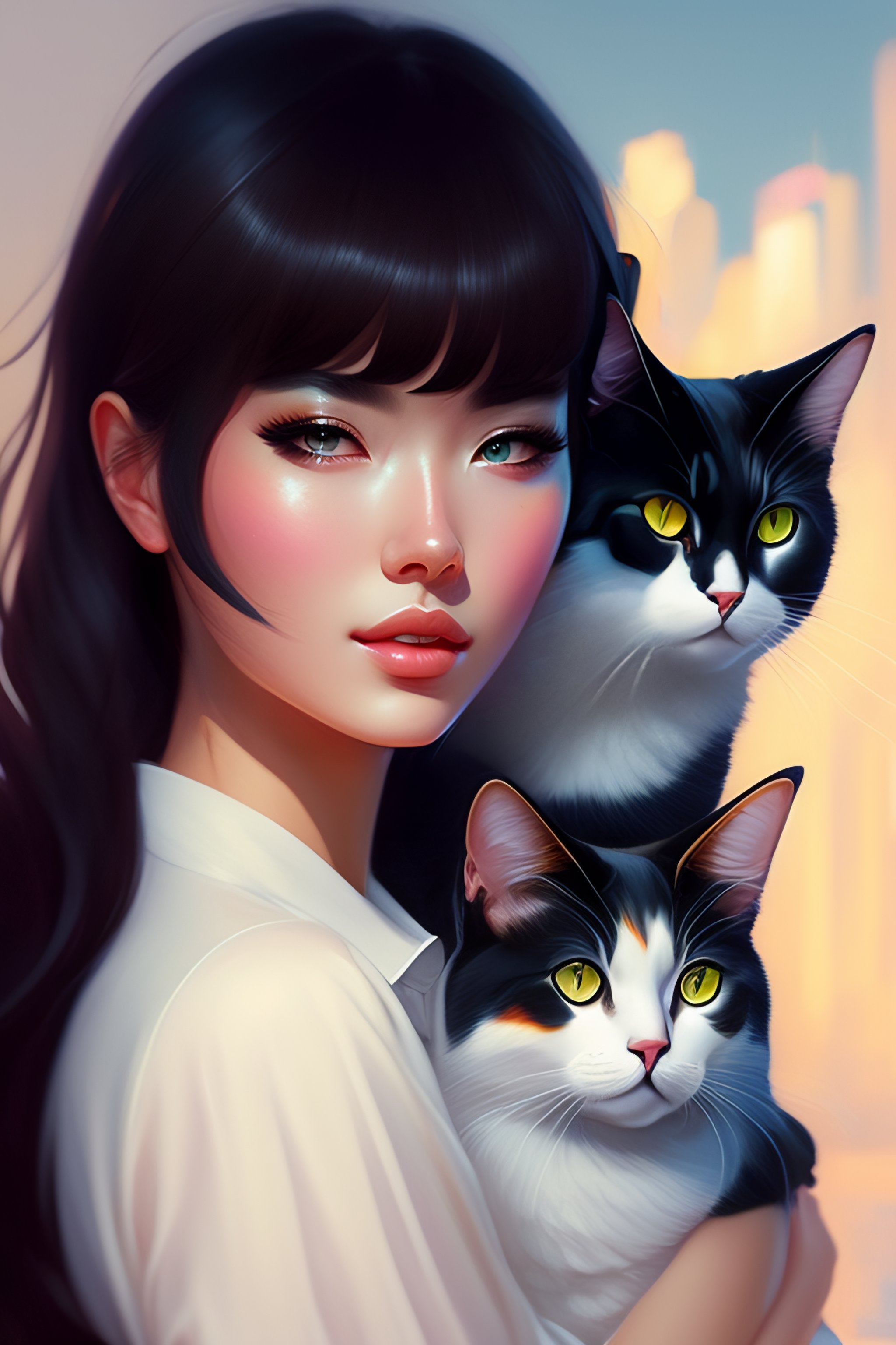 Lexica - Elegant girl holding a cute cat in urban outfit, cute fine ...