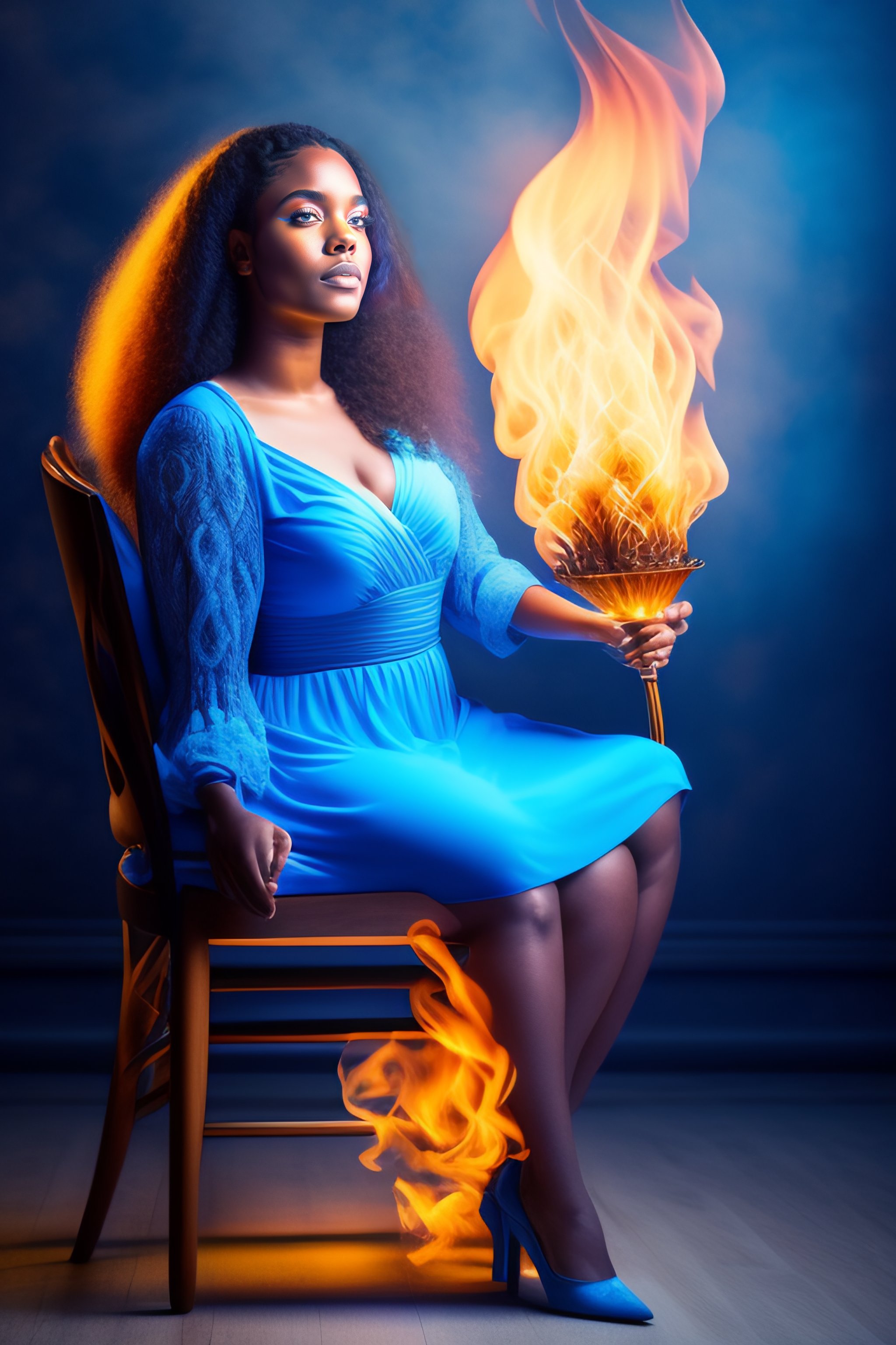 Lexica - 18 year old woman in blue dress sits on a chair and raises his ...