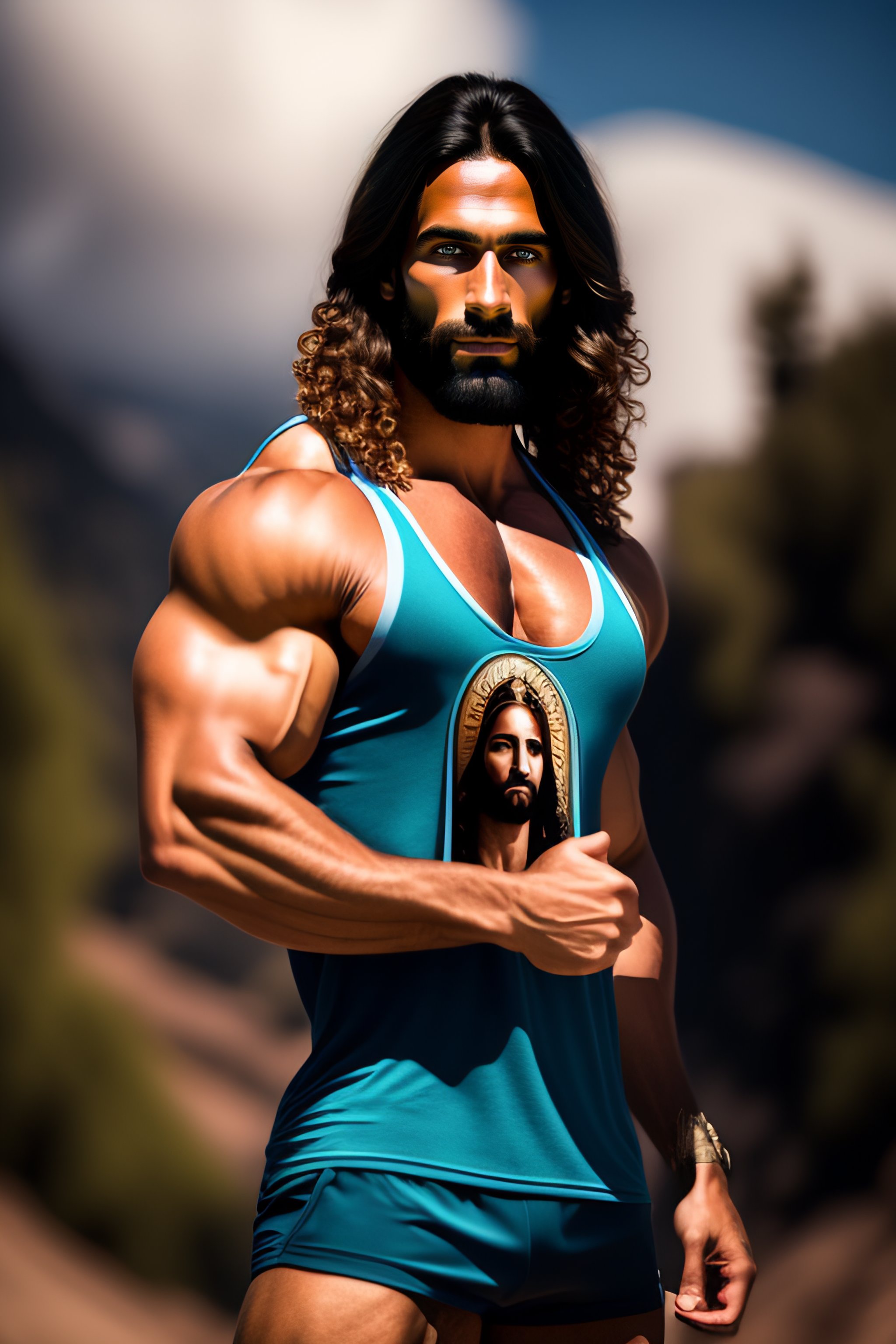 Lexica - Muscular Jesus wearing a tank top with a picture of jesus on ...