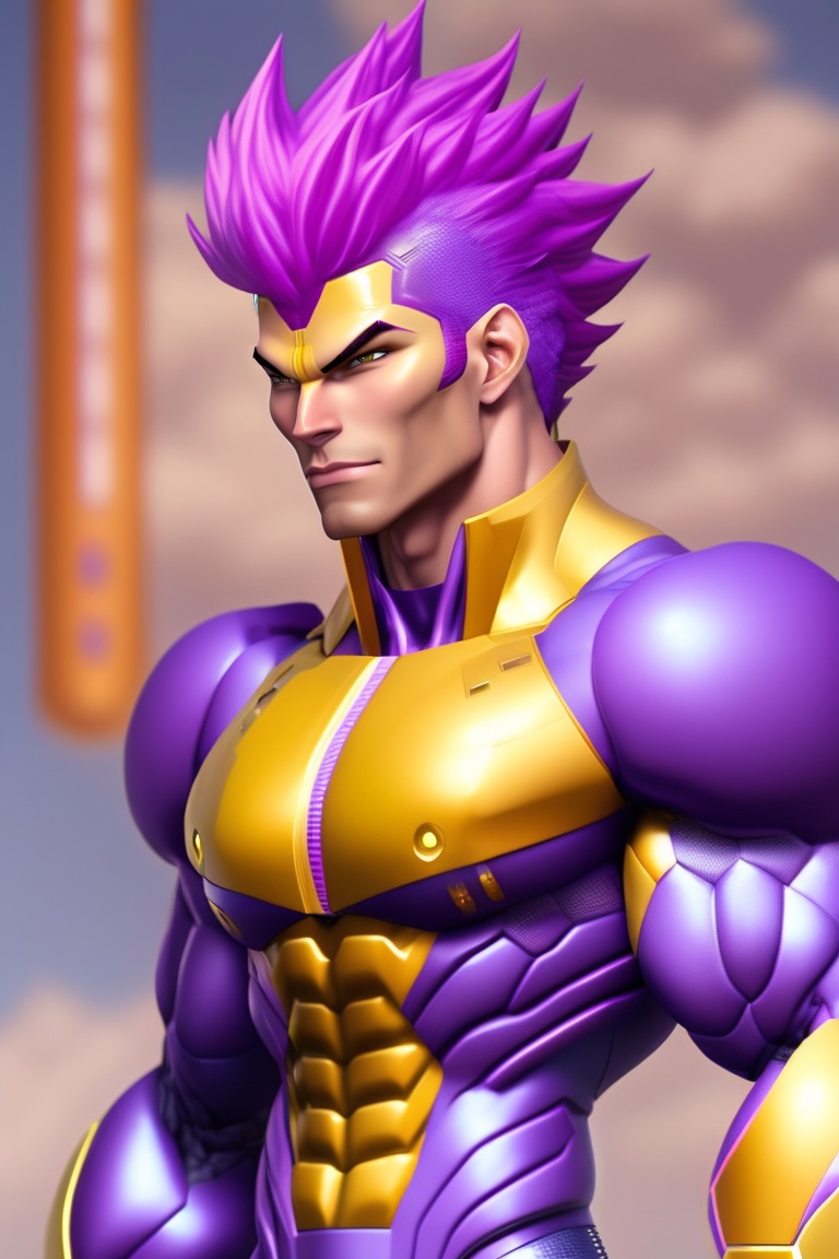 Lexica - Muscular Anime Alien Conquerer of worlds. Yellow Skin, Purple  spiky Hair.