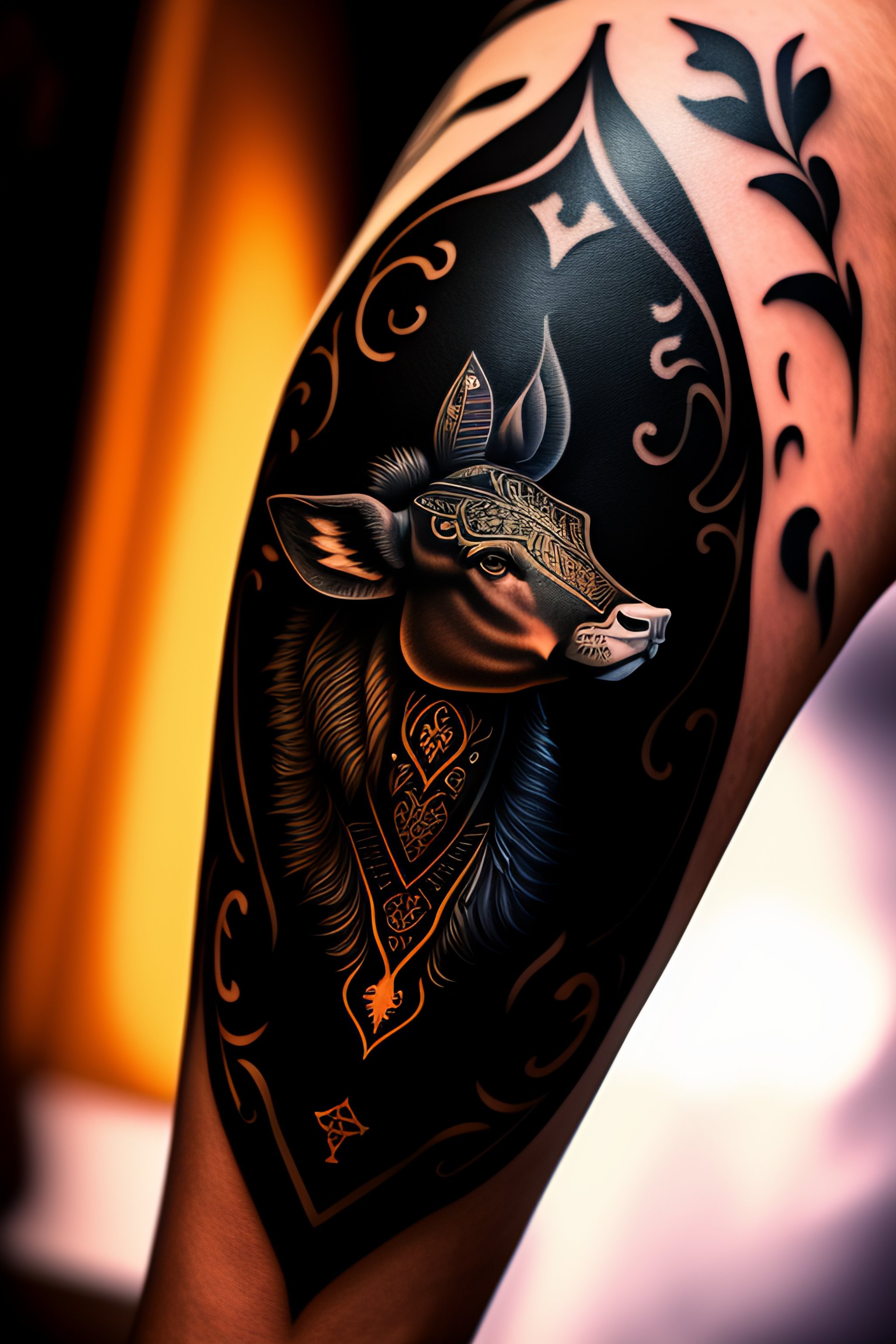 Lexica - Detailed tattoos in stencil of taurus, on male leg - black ...