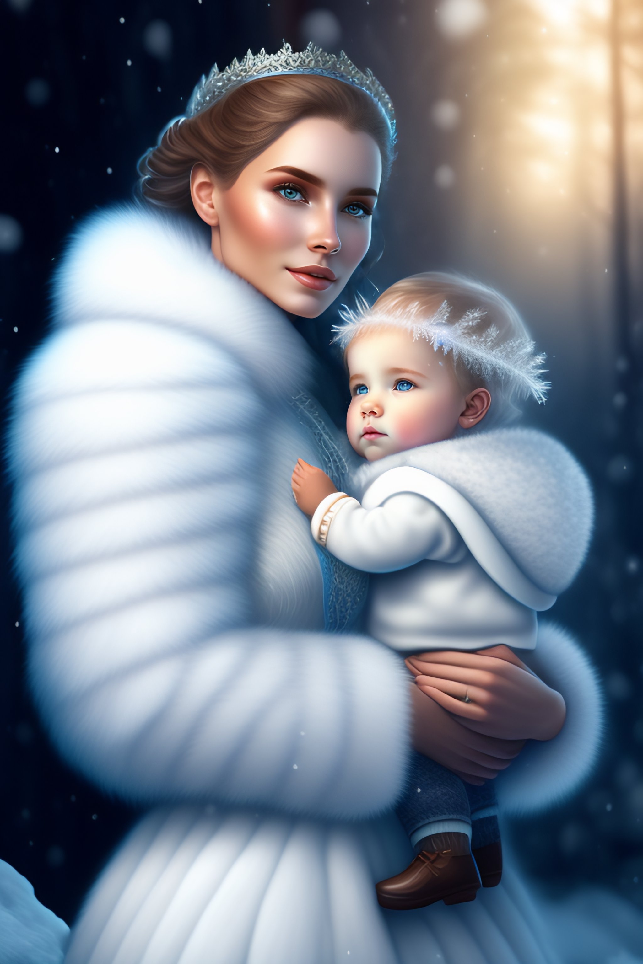 Lexica Young mom as snow queen and smal little colds child and snowqueen in the embrace of the