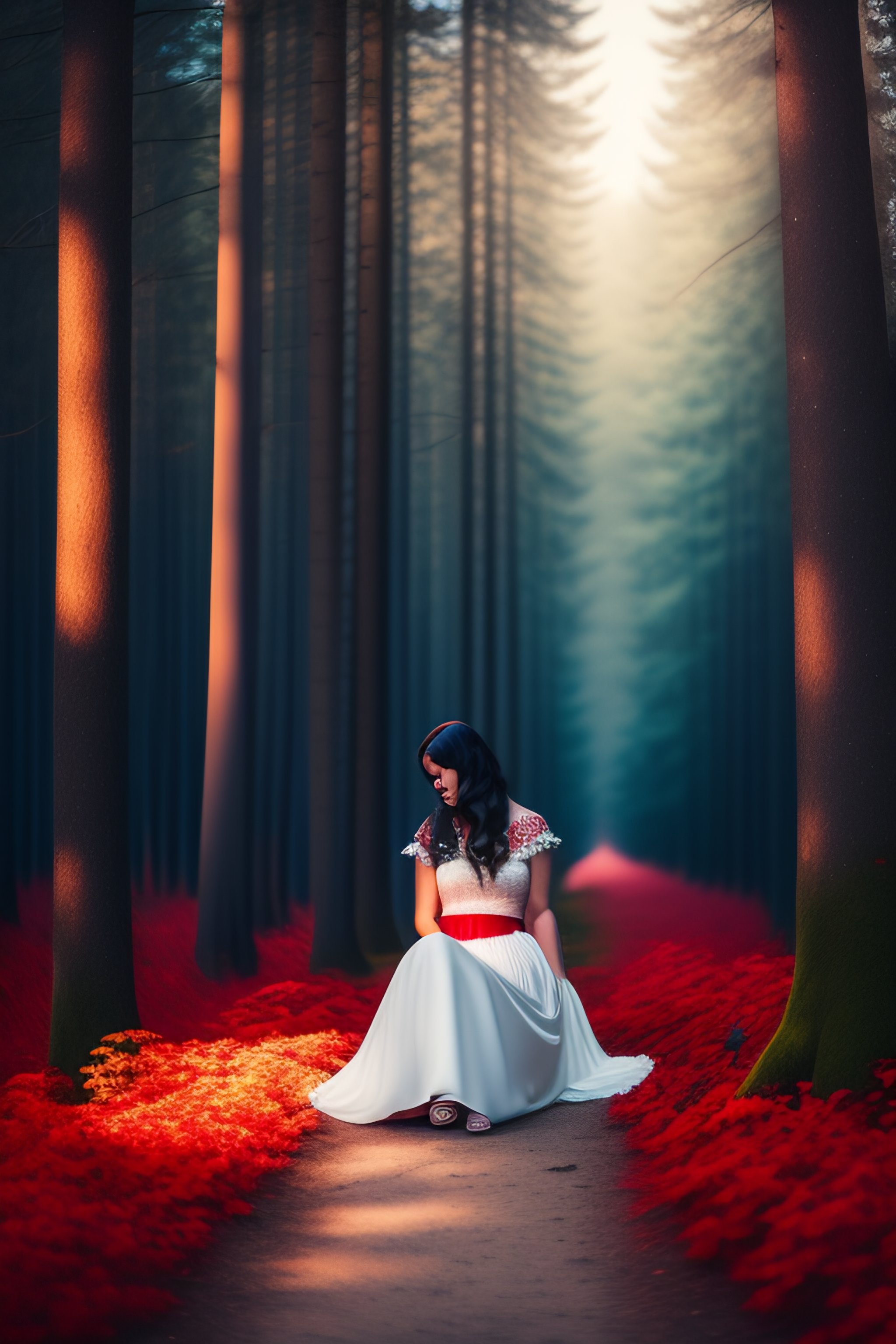 Lexica Sad girl, forest from a distance, trees, old white dress