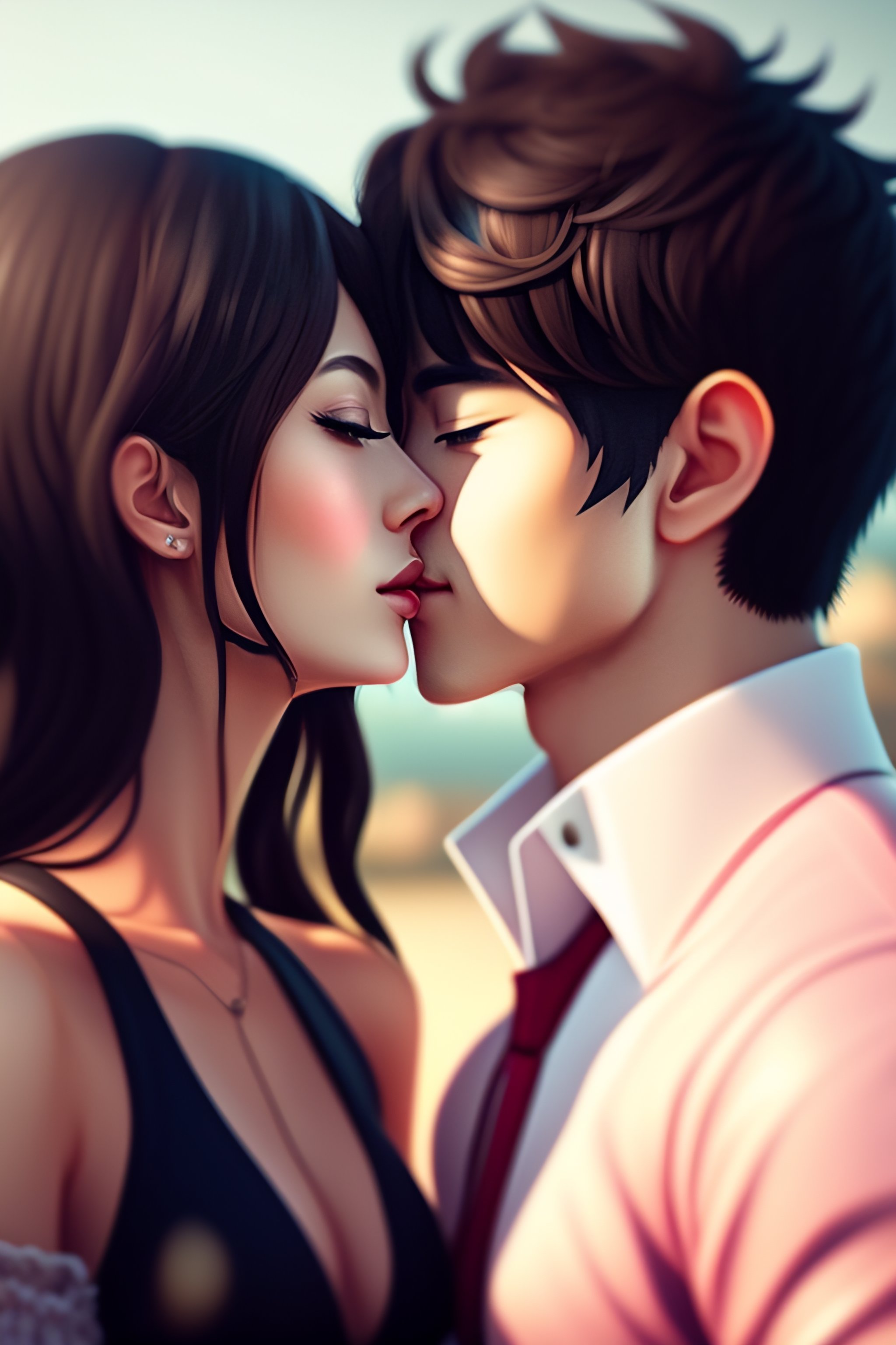 Lexica - Full body anime style couple kiss, date, realistic detailes, 2d  illustration, park, glamour, fashion style, 8k