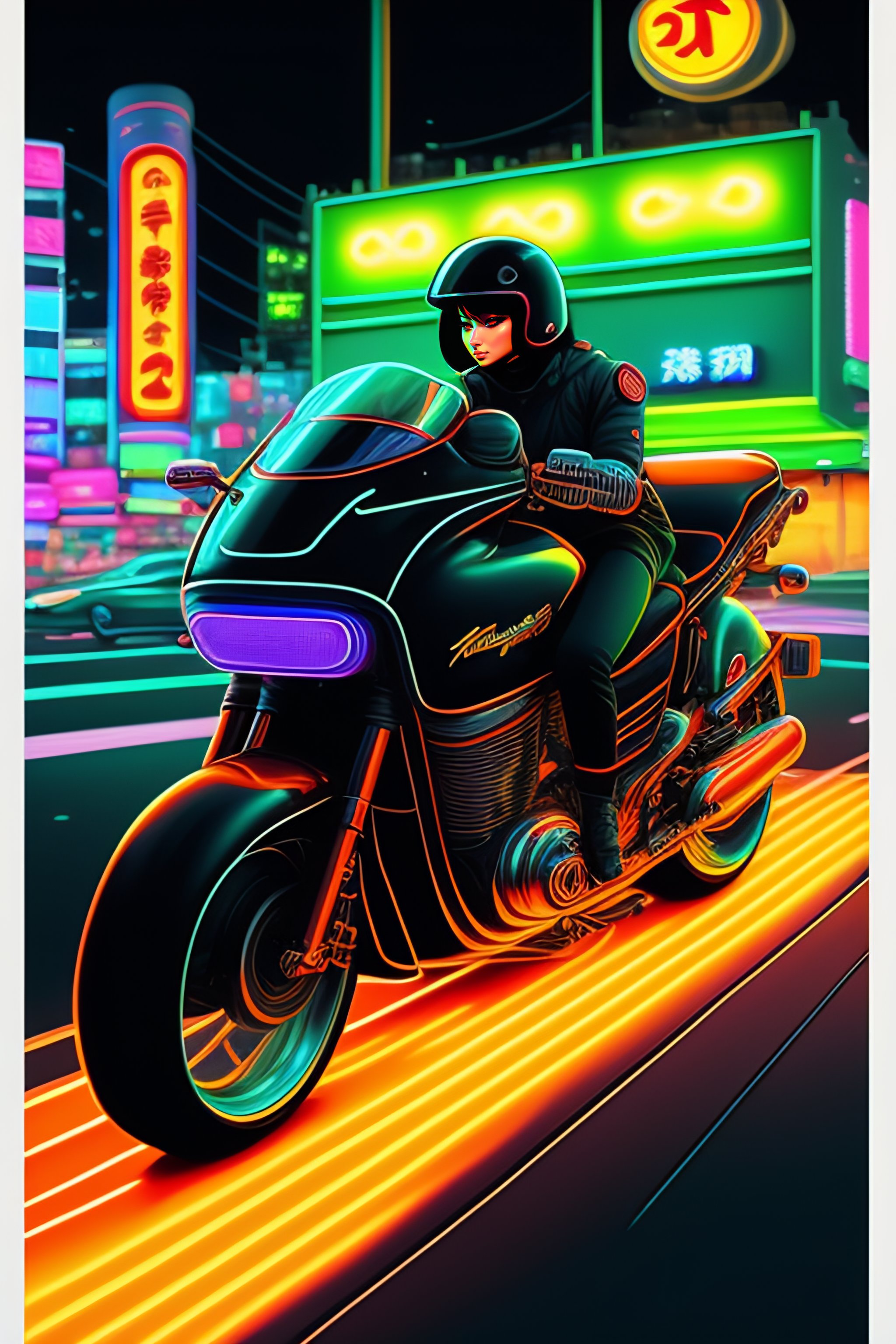 Lexica - A cow riding a motorbike that leaves a trail of smooth neon ...