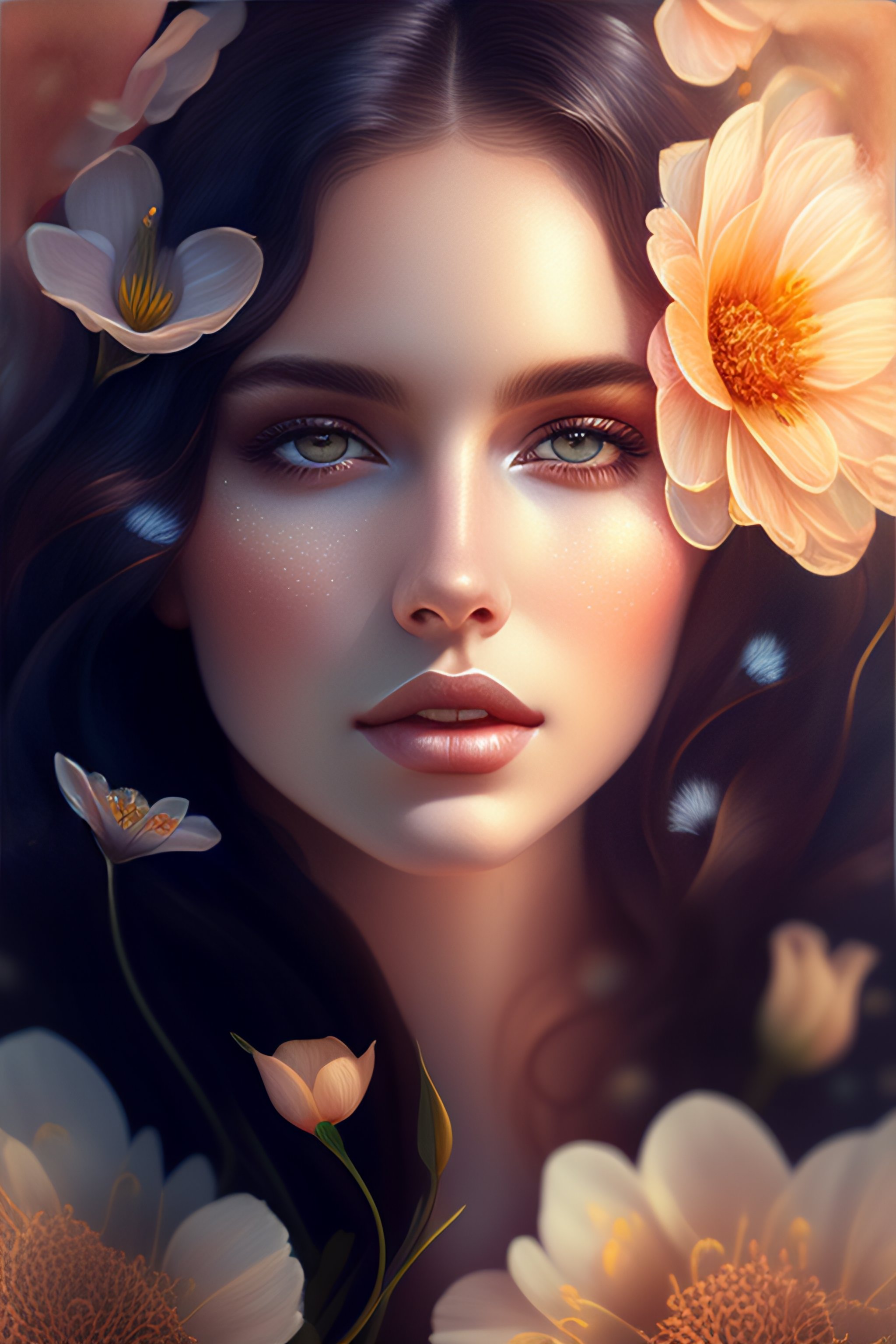 Lexica Beautiful Ethereal Flower Perfect Soft Dark Hair Perfect Brown Eyes Portrait In The 2256