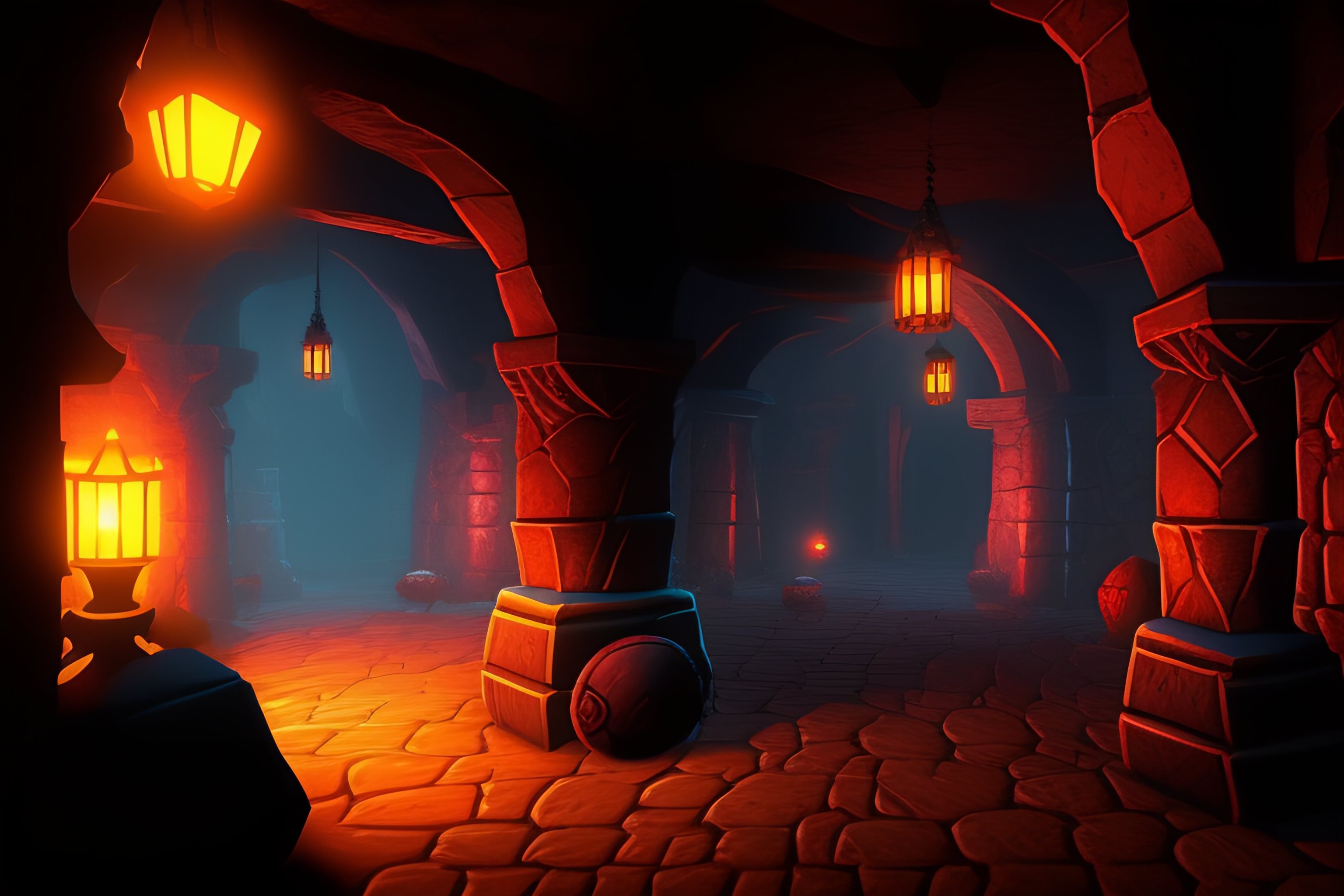 Lexica - Generate an image of a dimly-lit, epic and evil cartoony scene ...