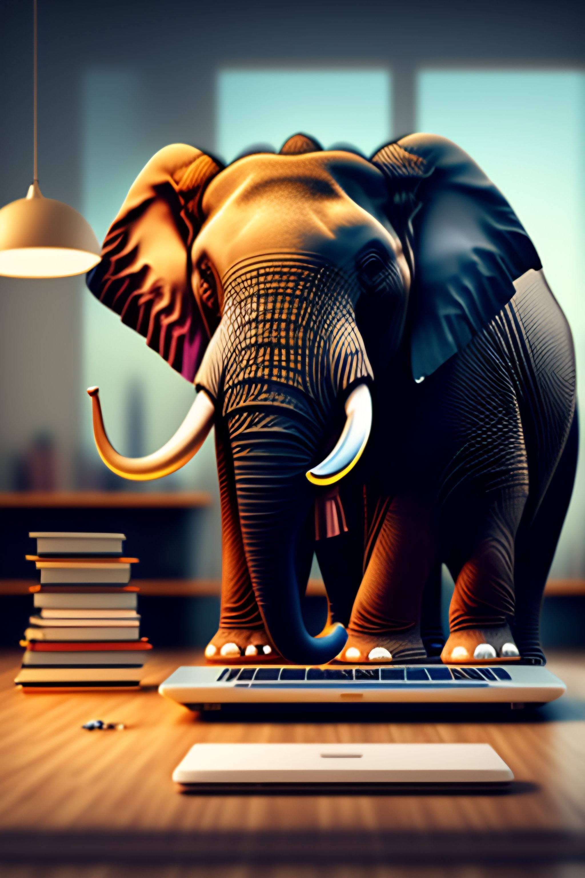 Lexica - An angry humanoid elephant sits at a cluttered desk in front ...