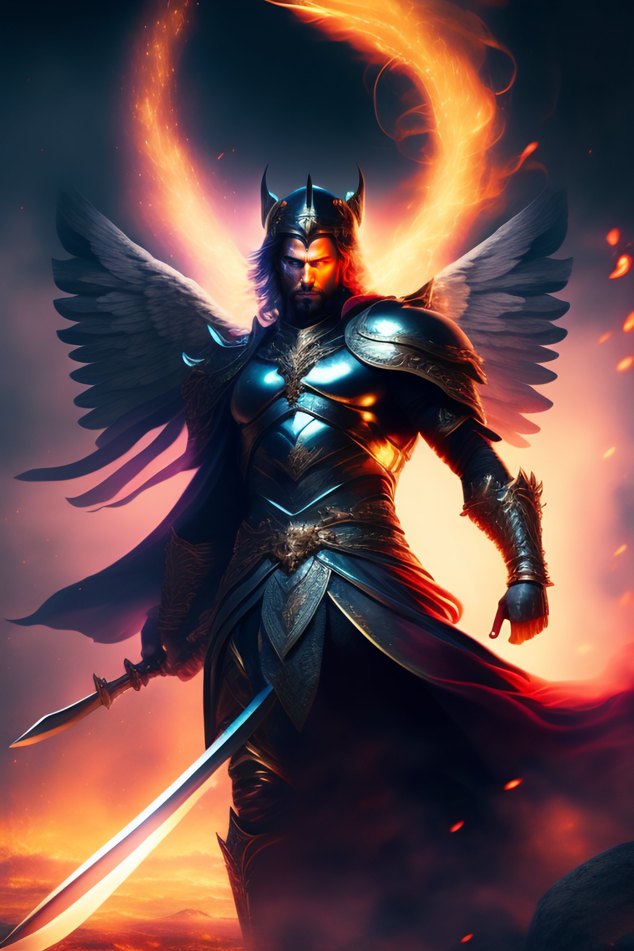 Lexica Full body an angel hitting a sword on the ground, and his