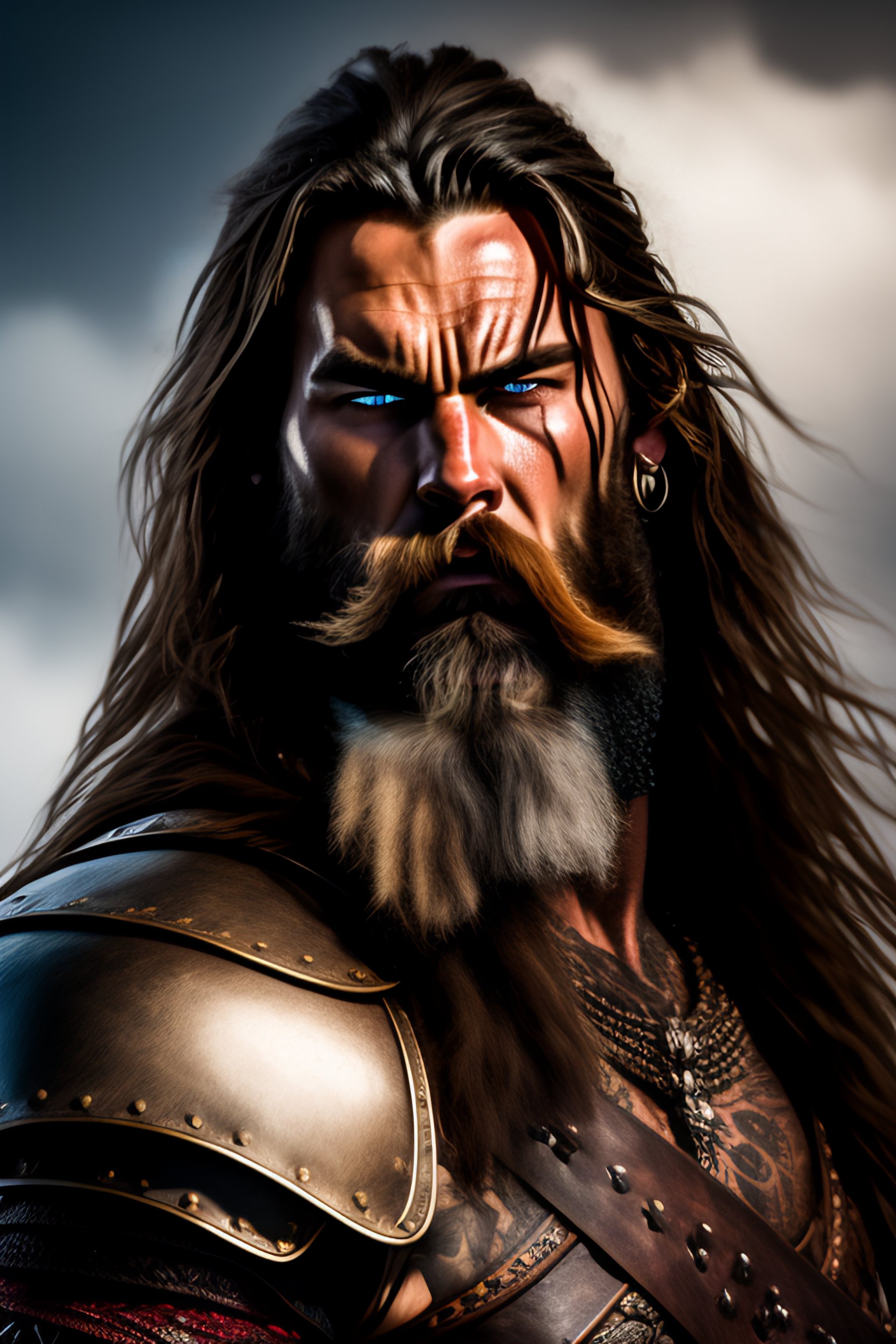 Lexica Medium action shot photo of a rugged tattooed male viking with